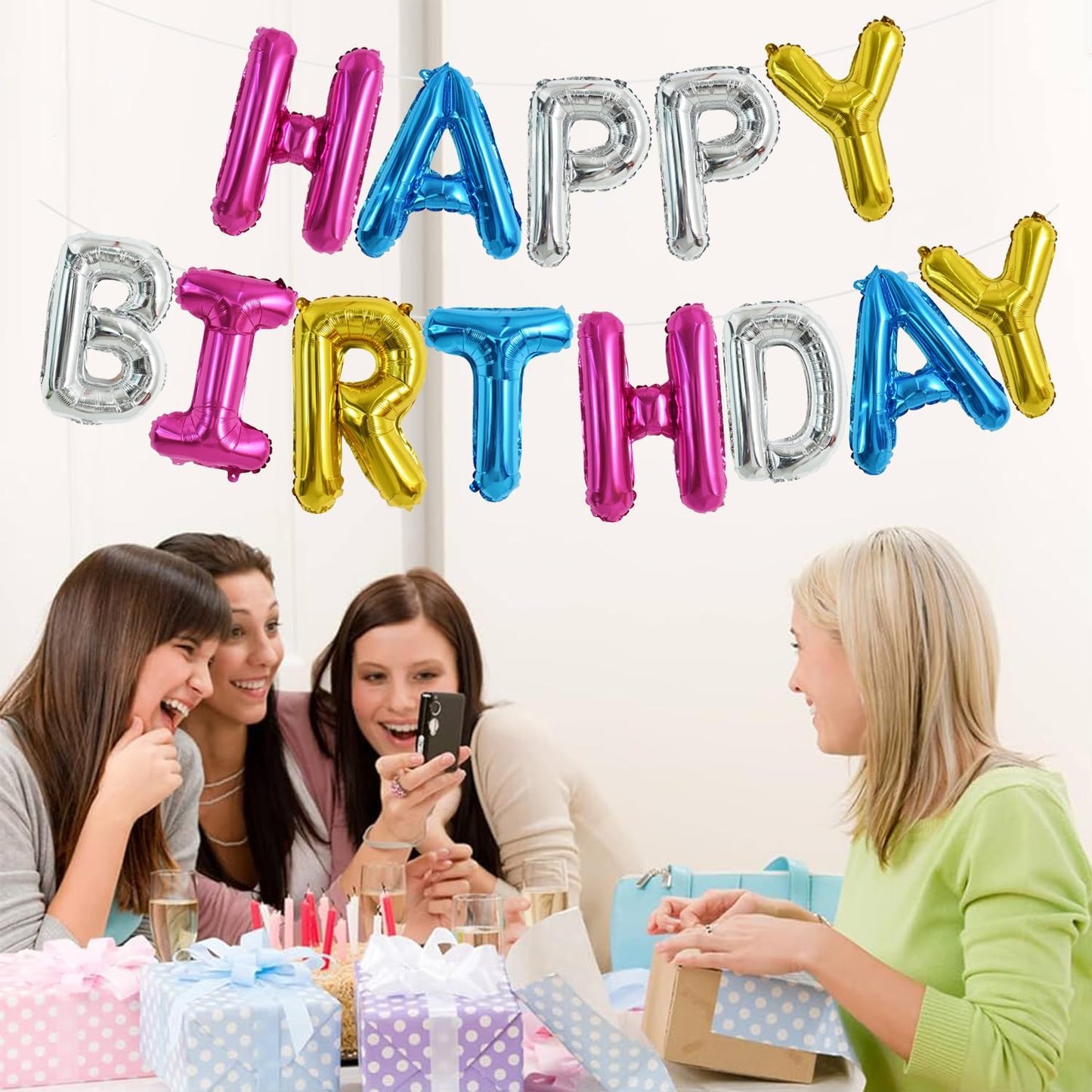 TONIFUL 16 Inch Mylar Letters Birthday Sign Banner Balloon,Happy Birthday Balloons Banner with Ribbon Straw Bunting Reusable for