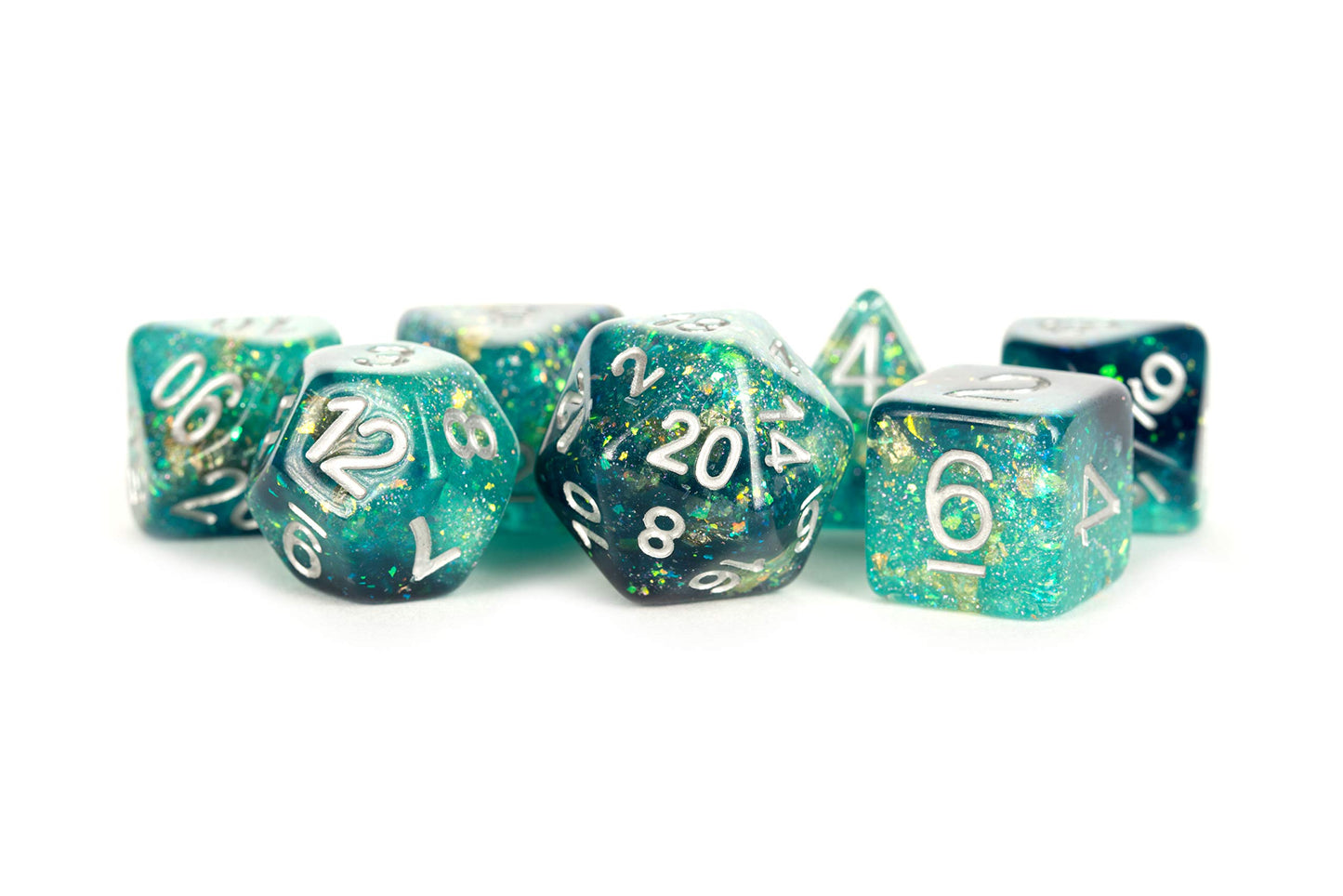 Teal And Black Eternal Resin With White Numbers 16Mm (5/8In) 7 Dice Set Metallic Dice Games