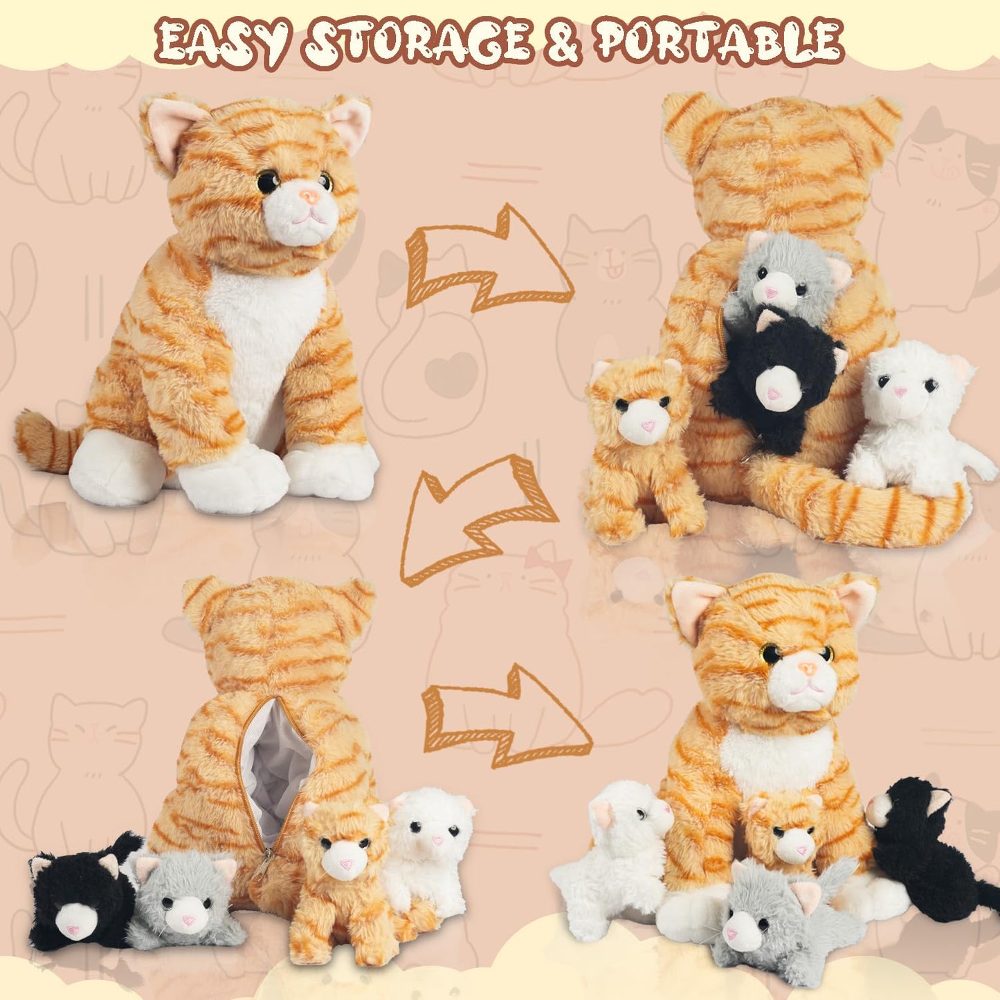 5 Pcs Cat Stuffed Animal With Babies Inside Stuffed Cat Plush Toys Mommy With 4 Plush Kittens Babies In Zippered Belly Cute Stuf