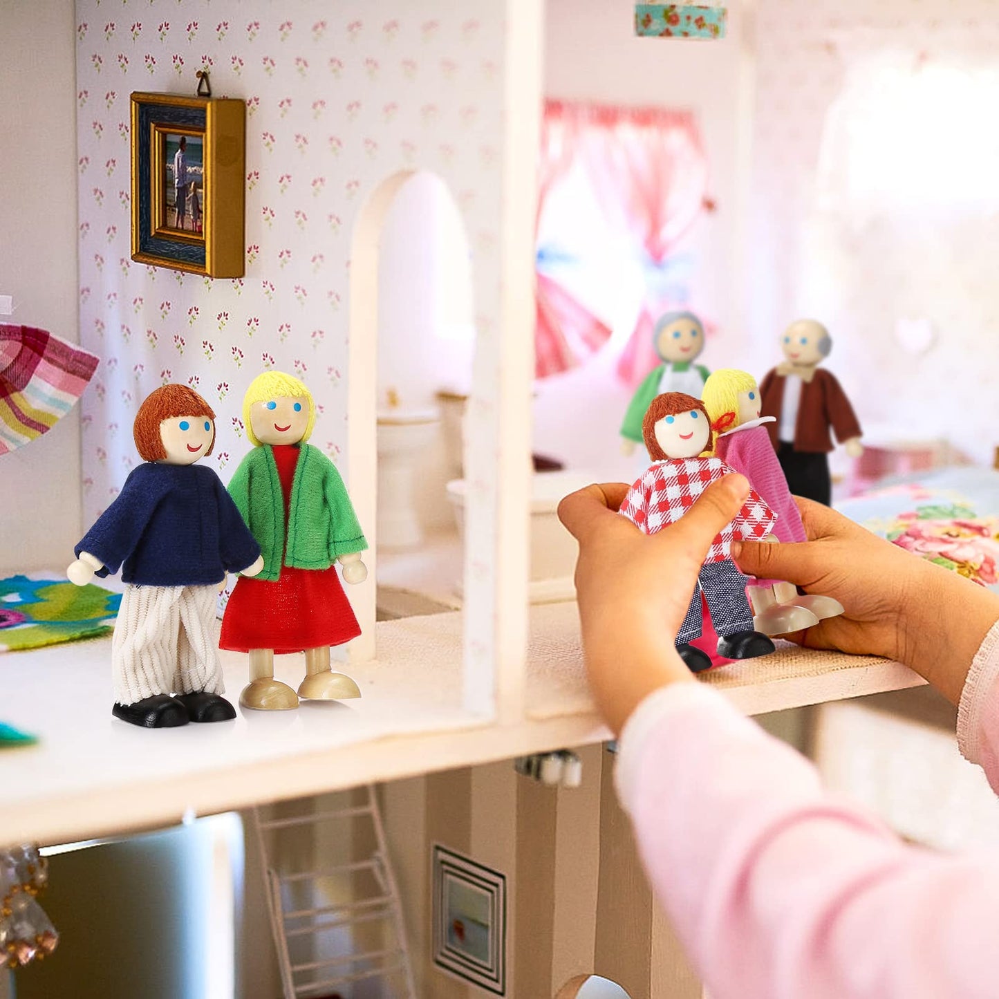 Jzszera Wooden Dollhouse Family Set Of 7, Mini Figures For Pretend Play, Classic Doll House Accessories For Kids & Toddlers