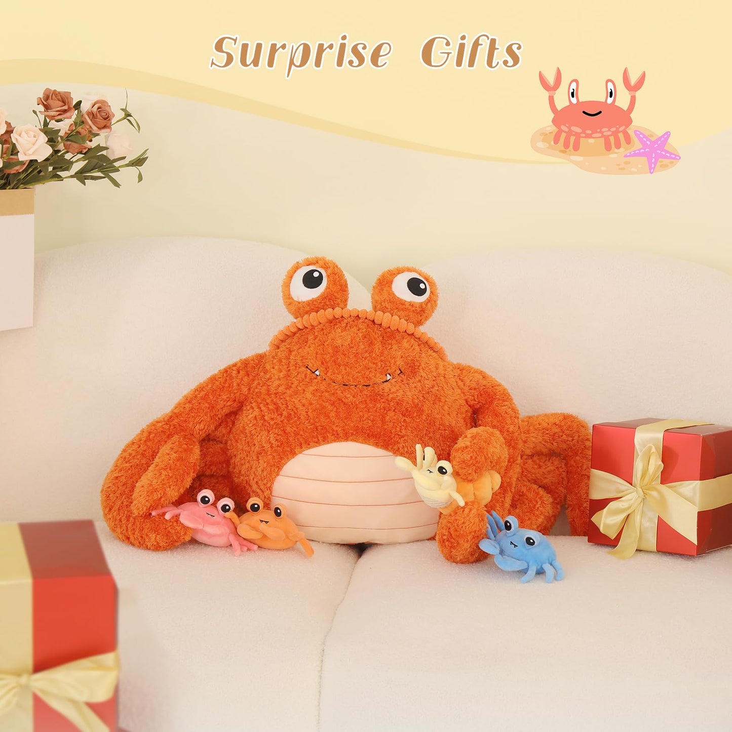 Morismos 5 Pcs Crab Plush Stuffed Animal, 32' Large Mommy Crab With 4 Babies, Crabs Stuffed Plushies Gift For Girls Boys Kids