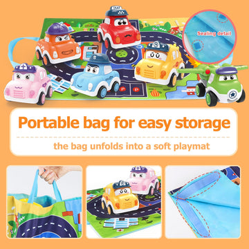 Zmzs Baby Cars For 1 Year Old Boy, Mini Pull Back Trucks For Toddler Age 3, 6 Pcs Infant Friction Powered Push And Pull Vehilces With Playmat Storage Bag, Kids Birthday Gift For 12-18 Months Girls