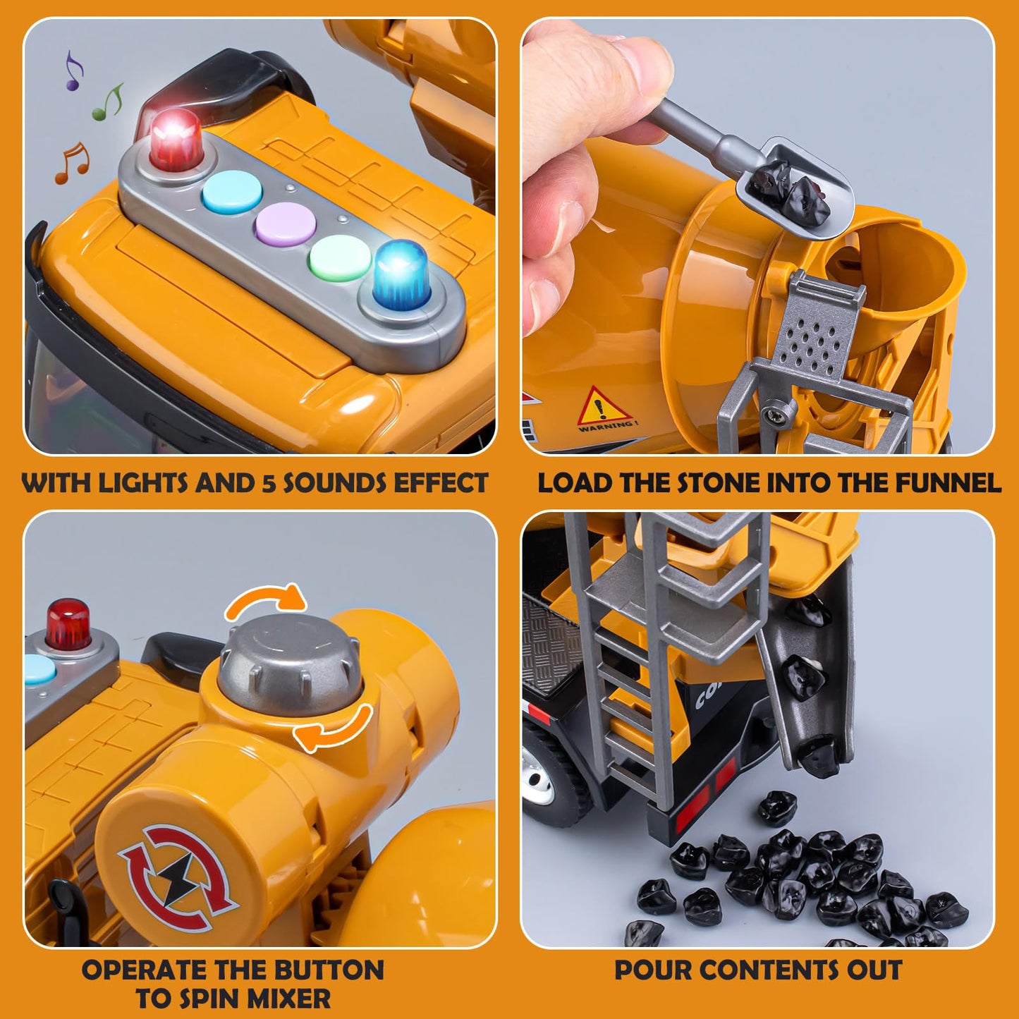 TAKGUD 11.5 Cement Mixer Toy Truck with Sounds & Lights, Friction Powered Construction Vehicle for Kids, Yellow Birthday Gift