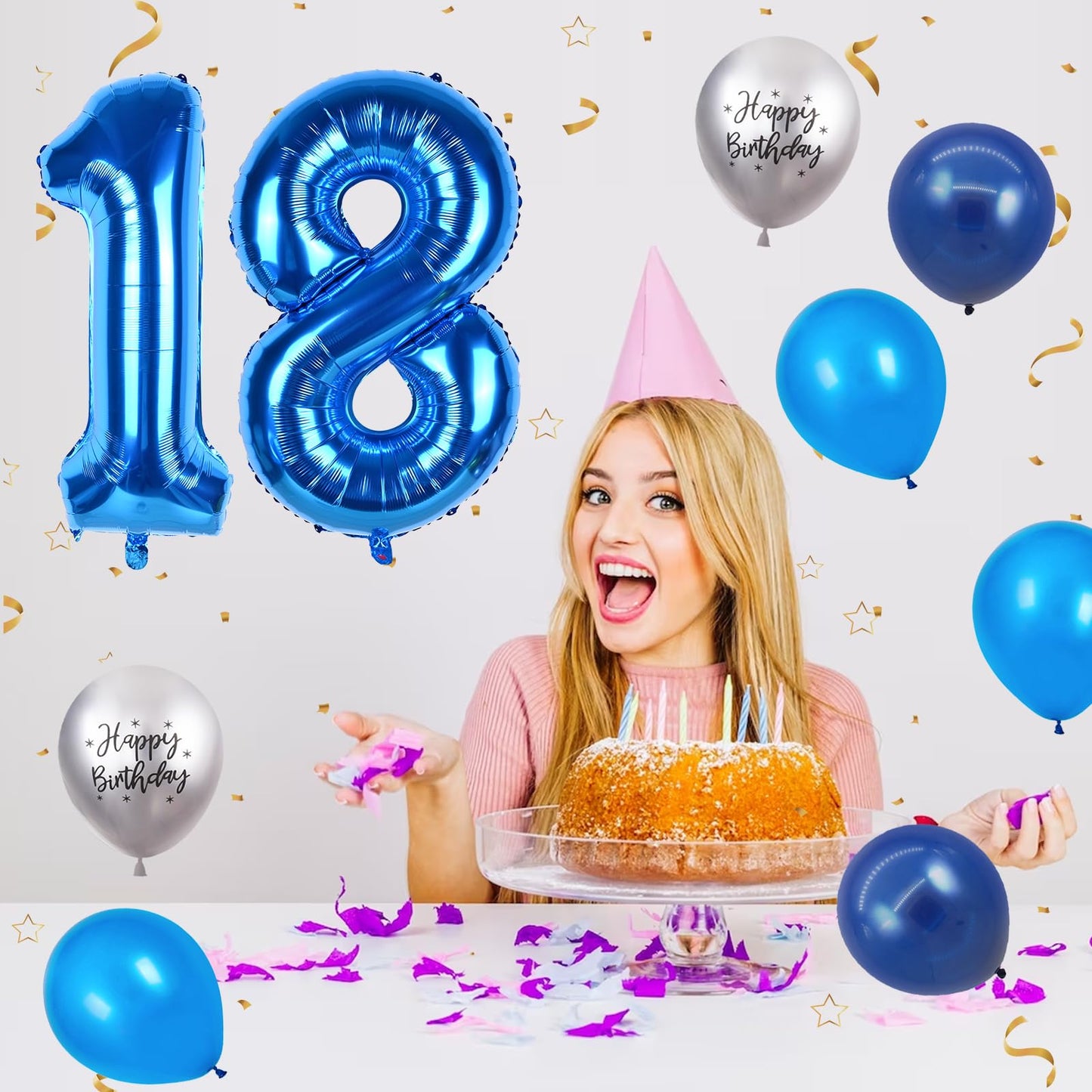 FunHot 40 Inch Blue Number 18 Balloons, Latex Foil Balloons for 18th Birthday Party Decorations