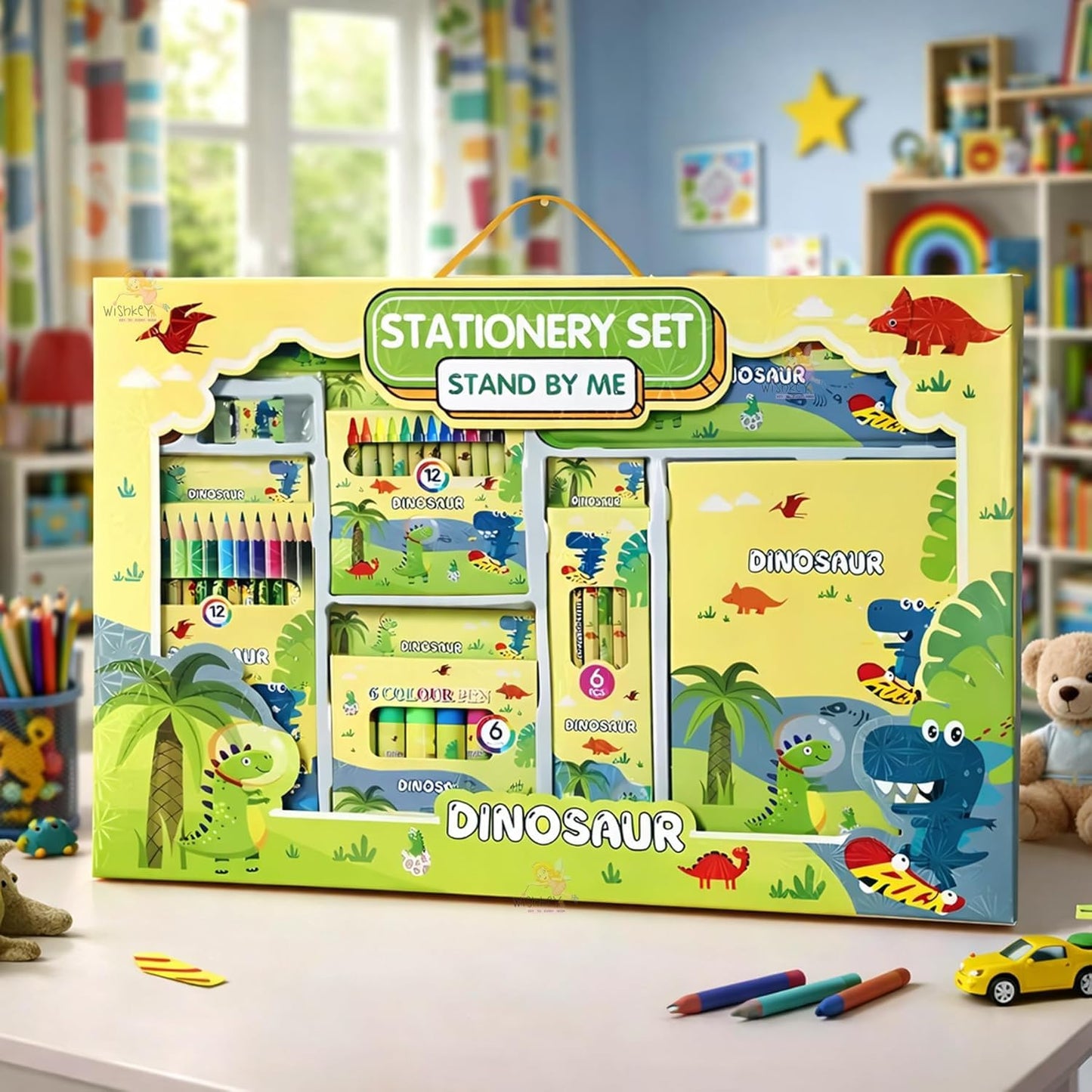 Threadfluant 41 Pieces Dinosaur Theme AllInOne Stationery Set Stationery Items With Pencil Box Notebook Scale Eraser Sharpener