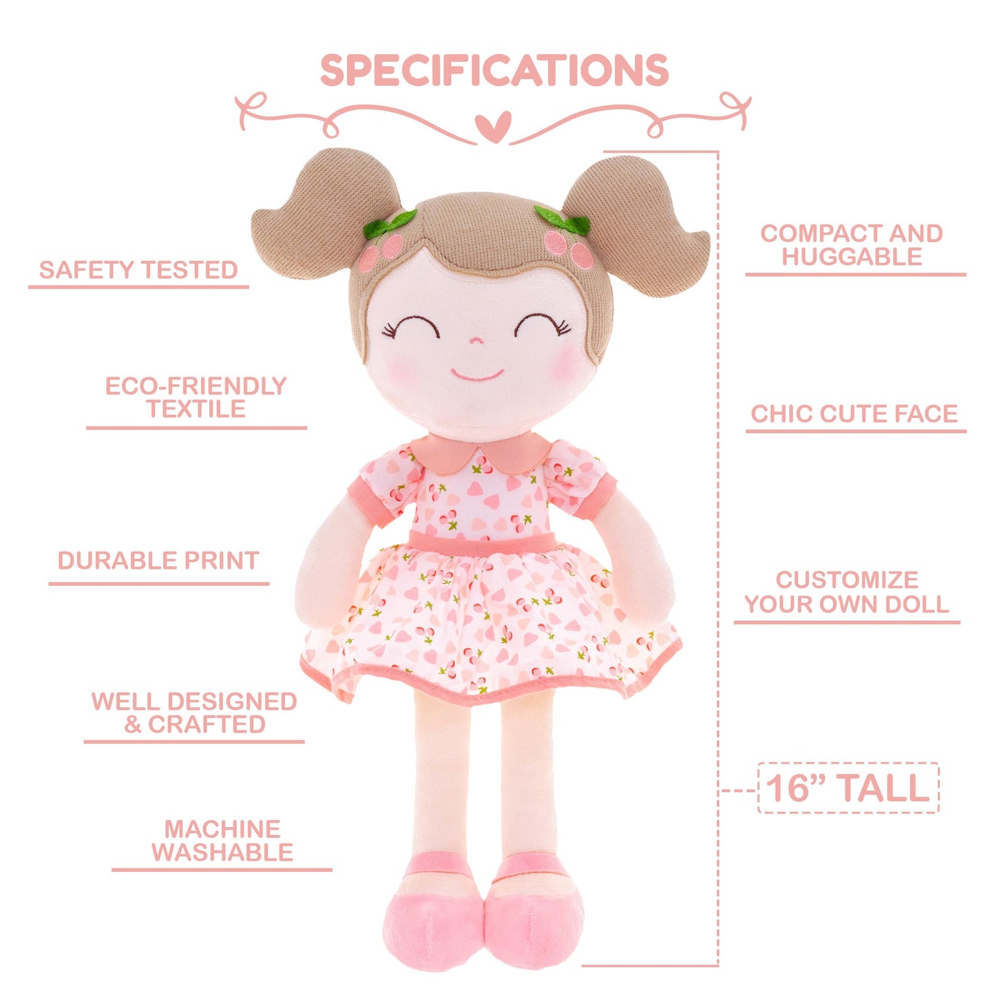 Gloveleya Personalized Doll With Your Name - Cute Pink Cherry Color Custom Soft Plush Doll For Girls Plush Doll Customized Gifts - Muñecas De Trapo Personalizadas Para Niñas