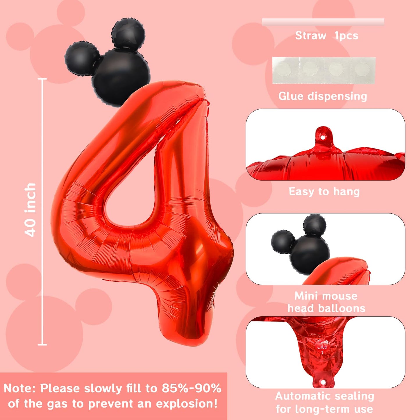 Lebery Mouse Number 4 Balloon 40 Inch Red Number 4 Balloon Mini Mouse Head Balloon For 4Th Birthday Party, Black Red Large Number 4 Foil Balloon For Baby Shower Anniversary Supplies Decorations