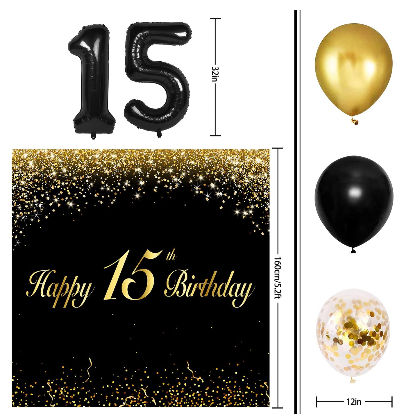 Happy 15Th Birthday Balloons Black Set Decor - Cheers To 15 Years Old Party Theme Garland Banner Backdrop Decorations For Boy An