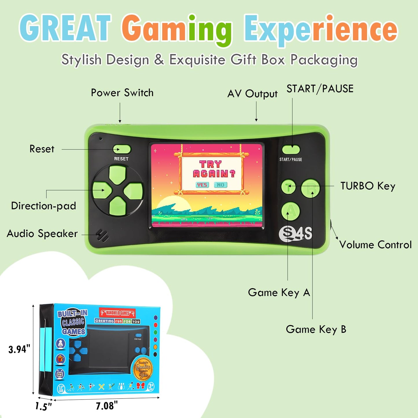X-Joykids S4S Handheld Game For Kids Ages 4-8, Portable 142 Classic Mini Games 2.5'' Lcd Screen Arcade Gaming System Birthday Xmas Present For Children-Green