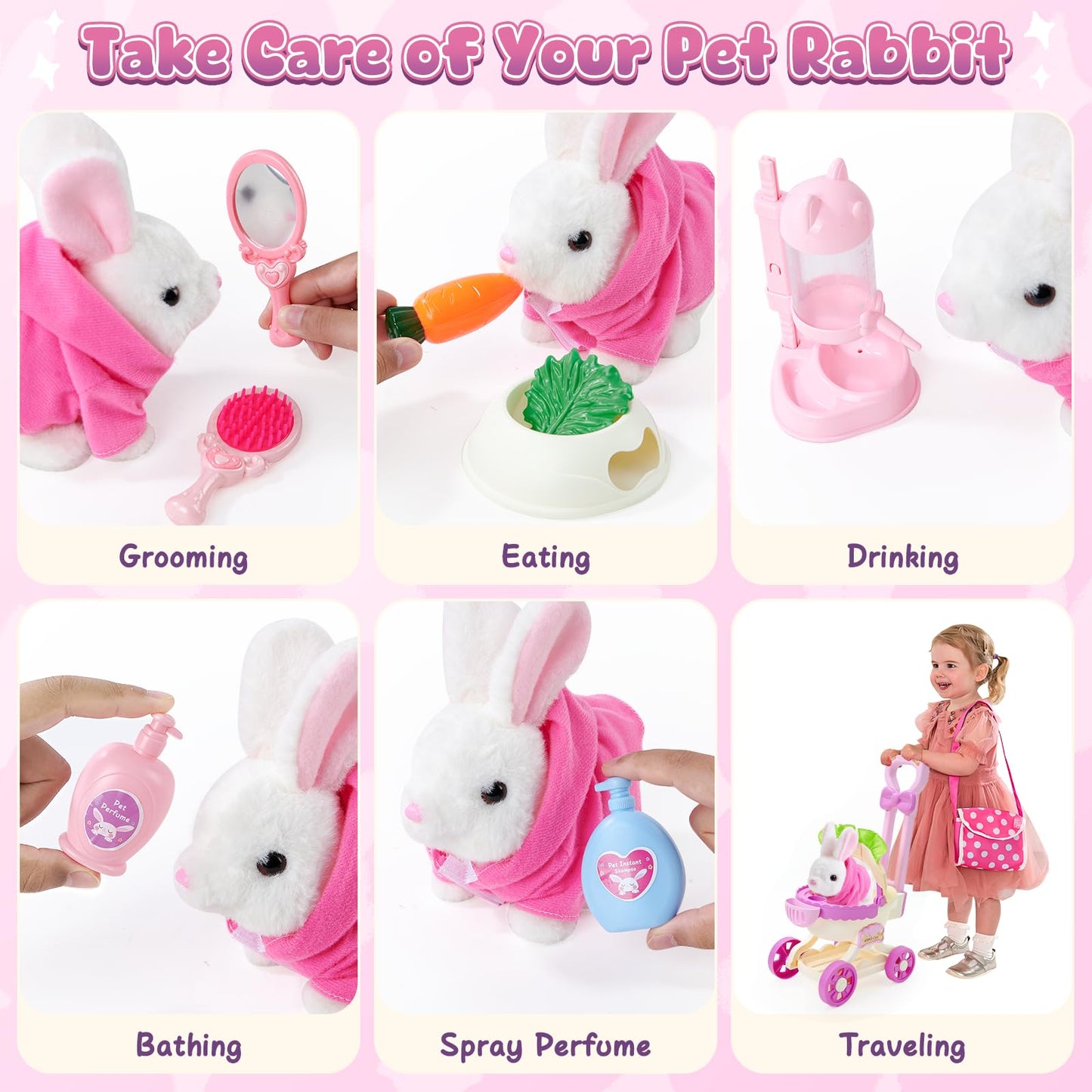 G.C Kids Bunny Toys Rabbit Plush With Stroller, Hopping Walking Electronic Interactive Stuffed Animal Accessories Pretend Play Pet Care Playset Gifts For Girls Toddlers 3 4 5 6+ Year Old
