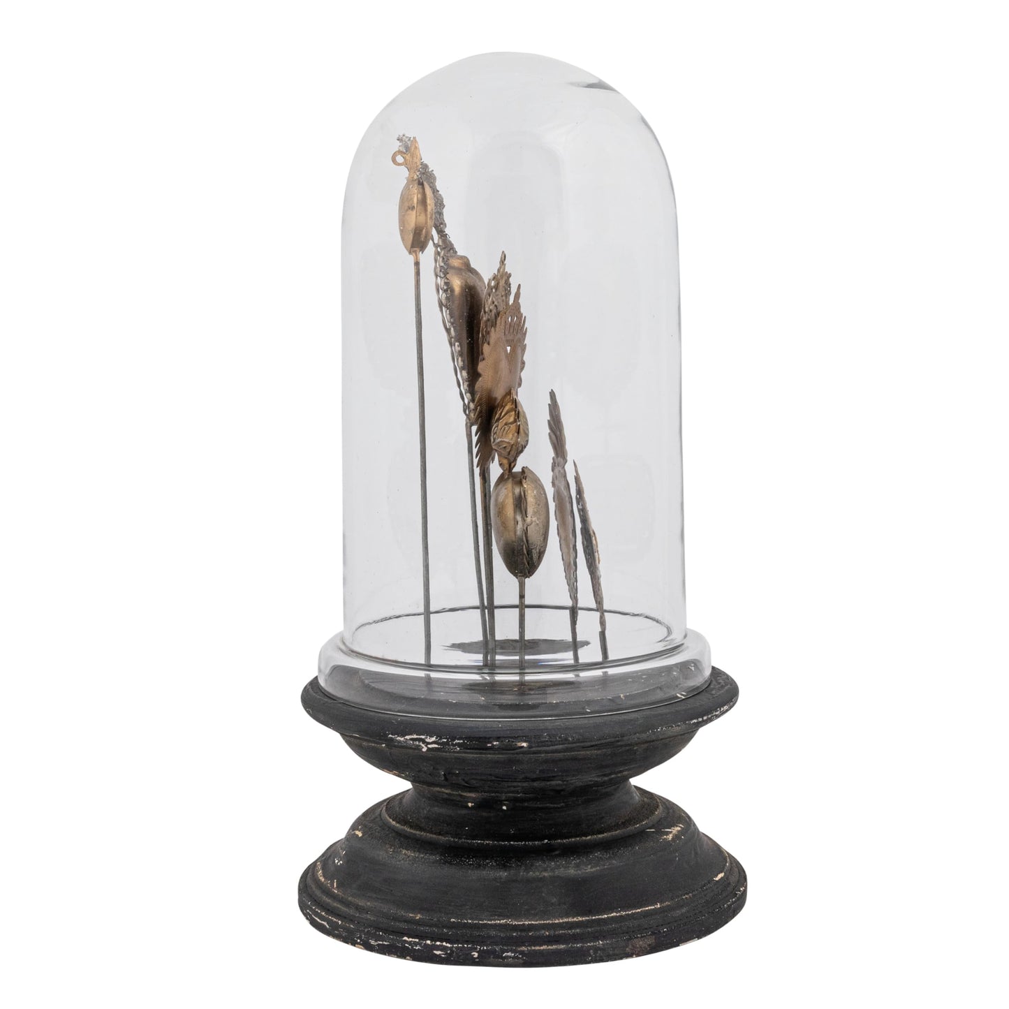 Decorative Tin Sacred Hearts On Wood Pedestal With Glass Cloche