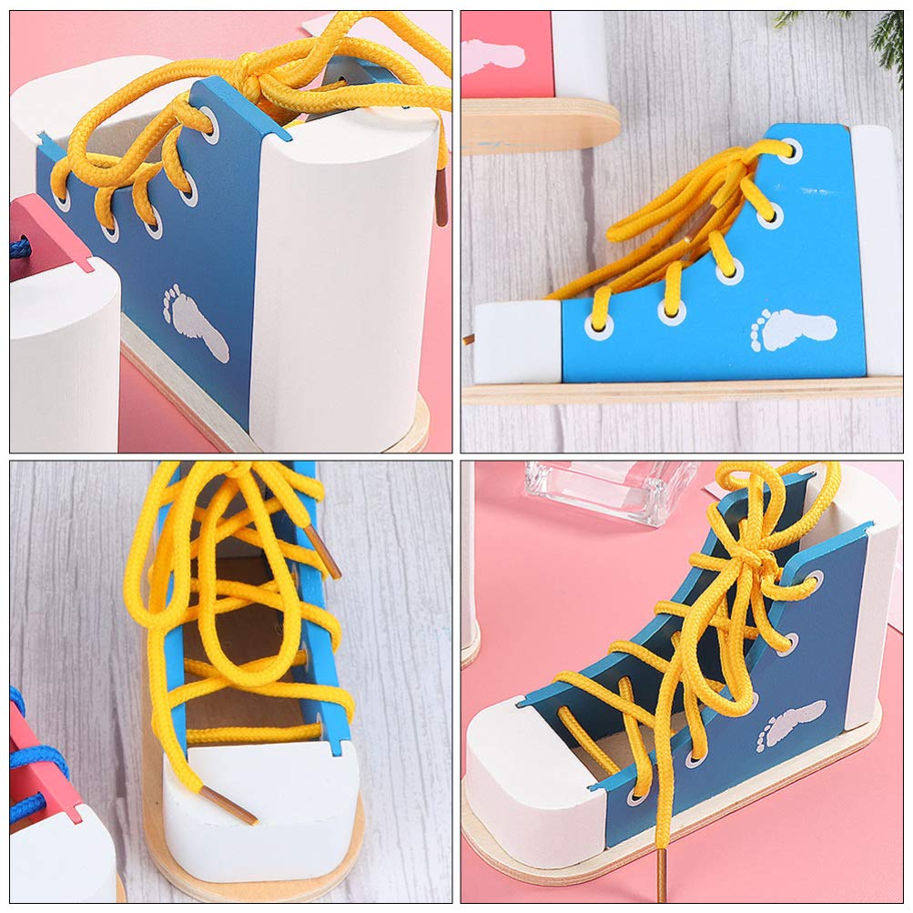 Nuobesty Learn To Tie Shoes Wooden Lacing Shoe Toy Shoelaces Tying Toy Teaching Kit For Kids, Blue