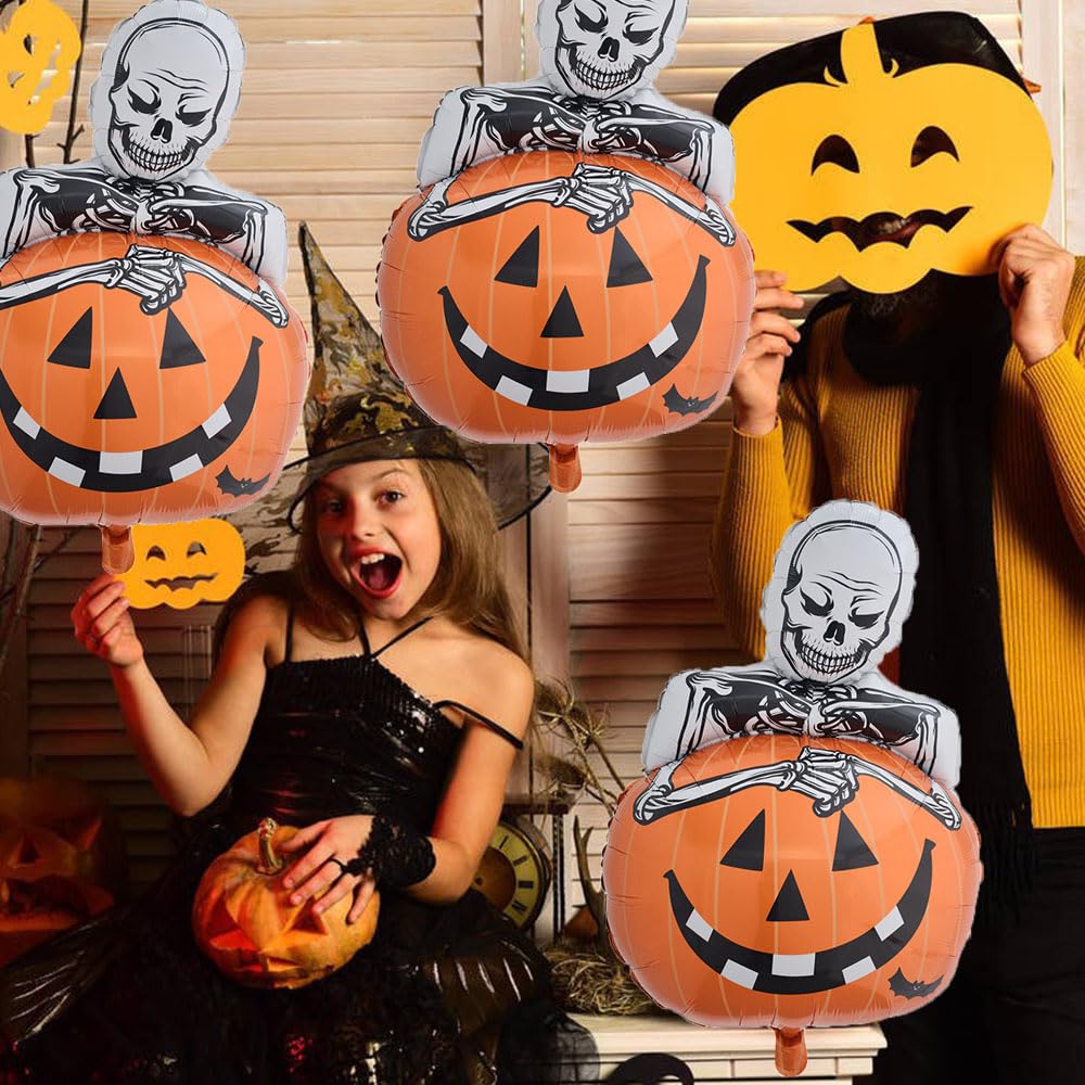 Hadckja Skull Pumpkin Balloon Halloween Balloons Skeleton Pumpkin Foil Balloons For Halloween-Themed Party Supplies Decorations