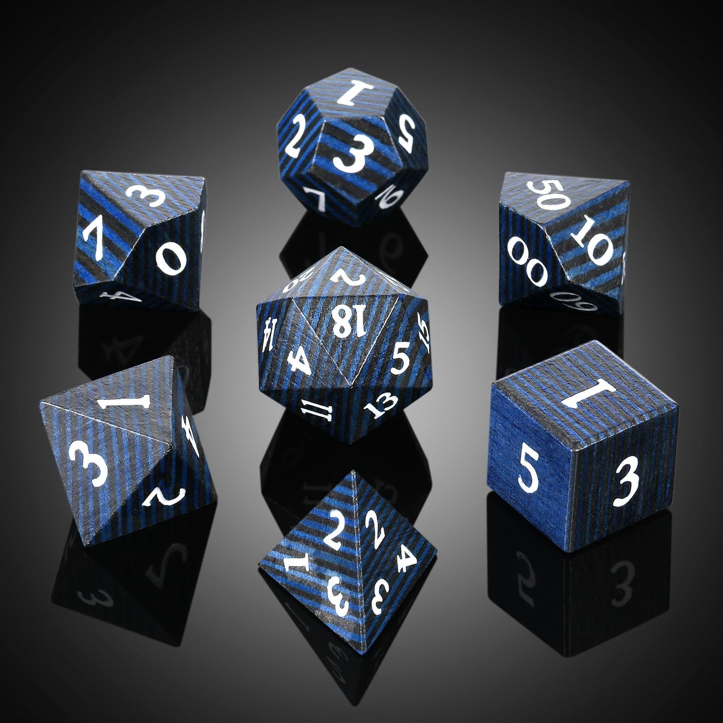 DND Dice Wood,DNDND Technical Wooden DND Die Set with Gift Case for Dungeons and Dragon Tabletop Games (Black and Blue Strips)