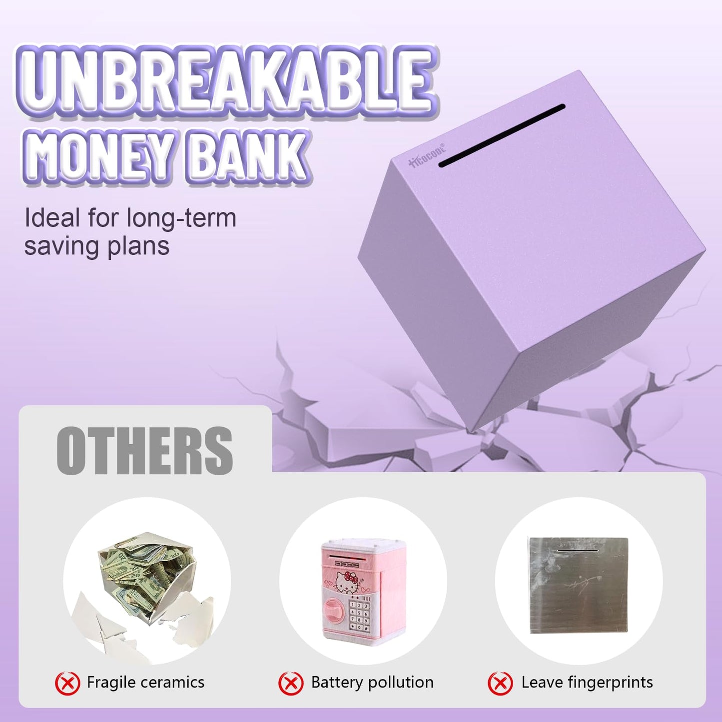 Hicocool Piggy Bank For Adults Must Break To Open, Stainless Steel Money Saving Box (Purple, Palm Size)