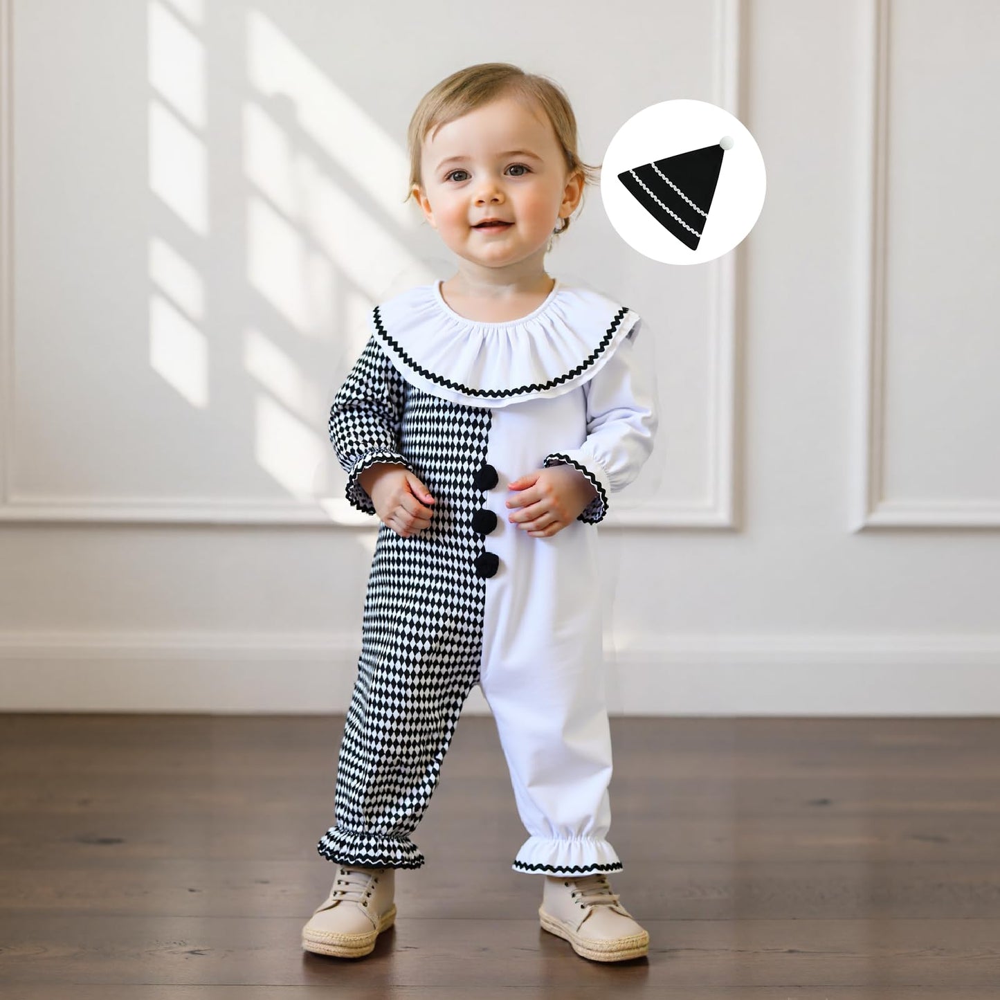 Aiwpstoin Toddler Baby Clown Costume Boy Girl Funny Halloween Outfit Contrast Color Long Sleeve Jumpsuit with Hat (White, 4-5T)