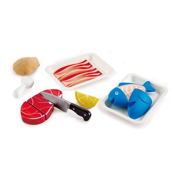 Hape Tasty Proteins Set | Wooden Pretend Play Food Set for Kids, Basic Play Cooking Ingredients and Accessories Set, Multicolor