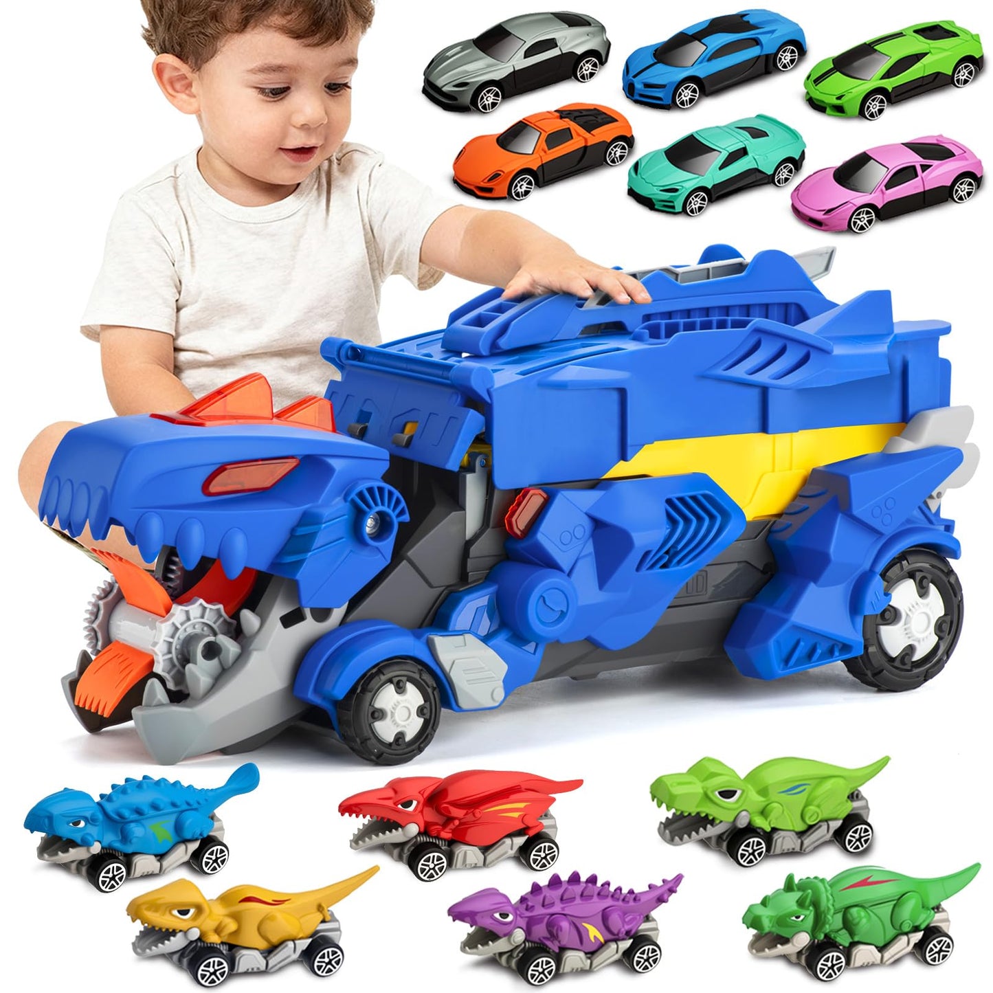 Dinosaur Toys Car for Kids 3-8 Year Old Boy Gift, Toddler Toys for 3 4 5 6 Years Old Boys & Girls Transport Dino Truck with 12 m