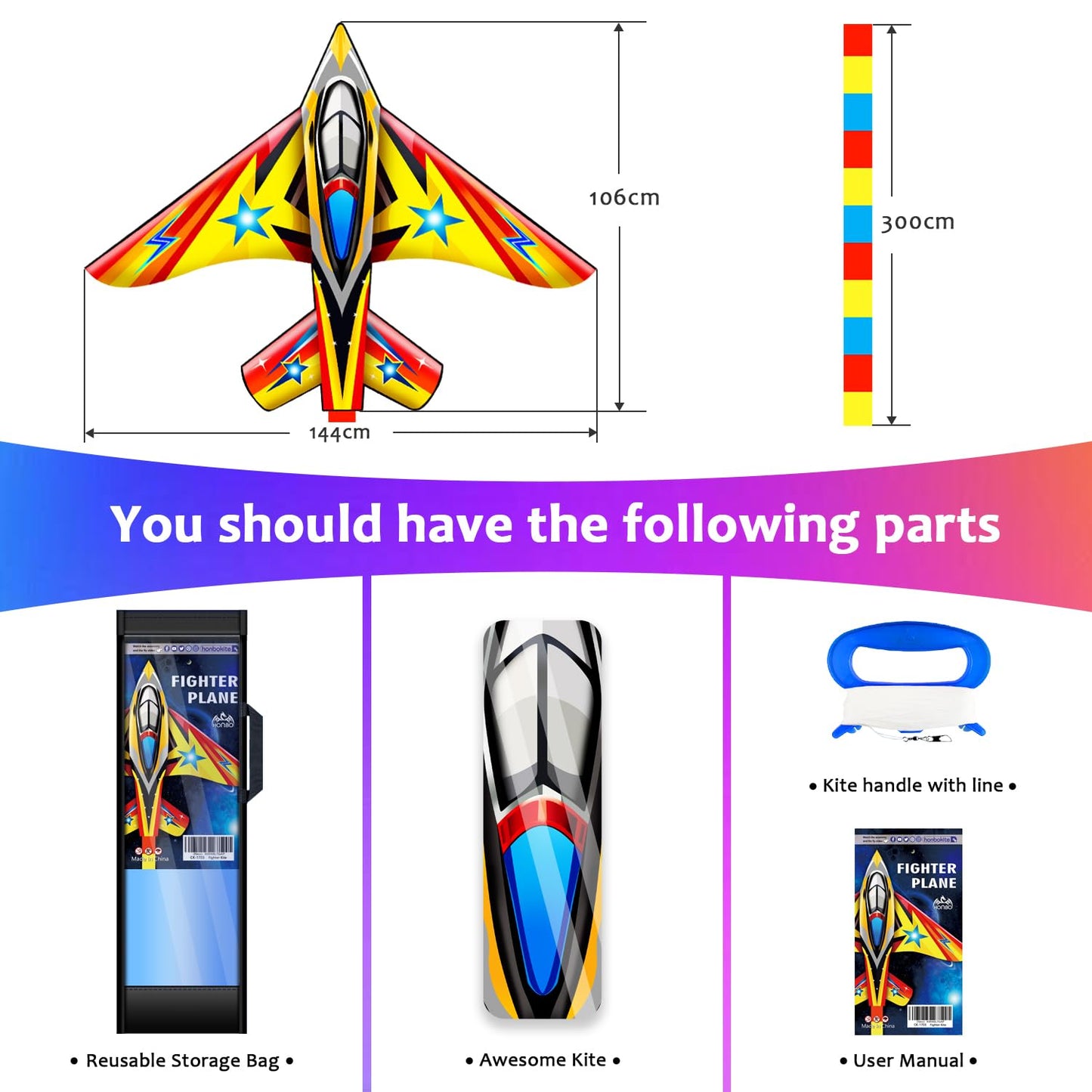 Honbo Airplane Jet Kite For Kids & Adults Perfect Kites For Kids Ages 4-8, Easy To Fly Giant Kites For Beach And Outdoor Activity, Kite Handle And String Included, Beginner Kite