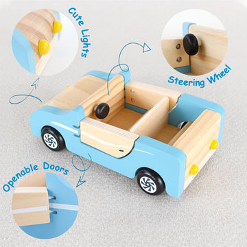 Pairpear Wooden Family Car For Dolls,Wooden Toys Dollhouese Furniture Accessories Playset,Kids Pretend Preschool Play Vehicle To