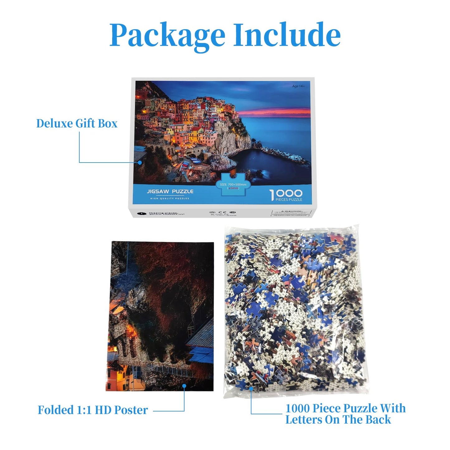 CHengQiSM 1000 Piece Jigsaw Puzzle - Dusk at Cinque Terre, Cardboard, 27.6 x 19.7 inches, Landscape Puzzle for Adults and Teens