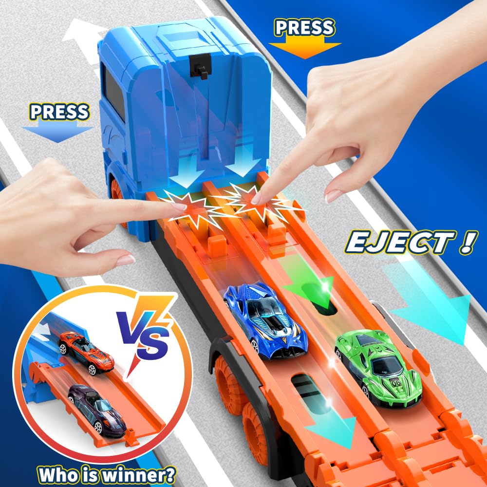 Tiaoniao Transport Truck Toy For Kid, 61-Inch Dual Race Track And Eject Car, 6 Metal Cars And Foldable Storage Carrier Truck Set