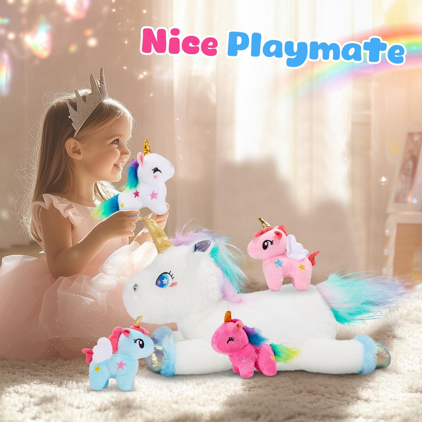 Wewill 19'' Rainbow Unicorn Stuffed Animal Plush Toys With 4 Cute Babies Unicorn Birthday Christmas Holiday Monther'S Day Gifts