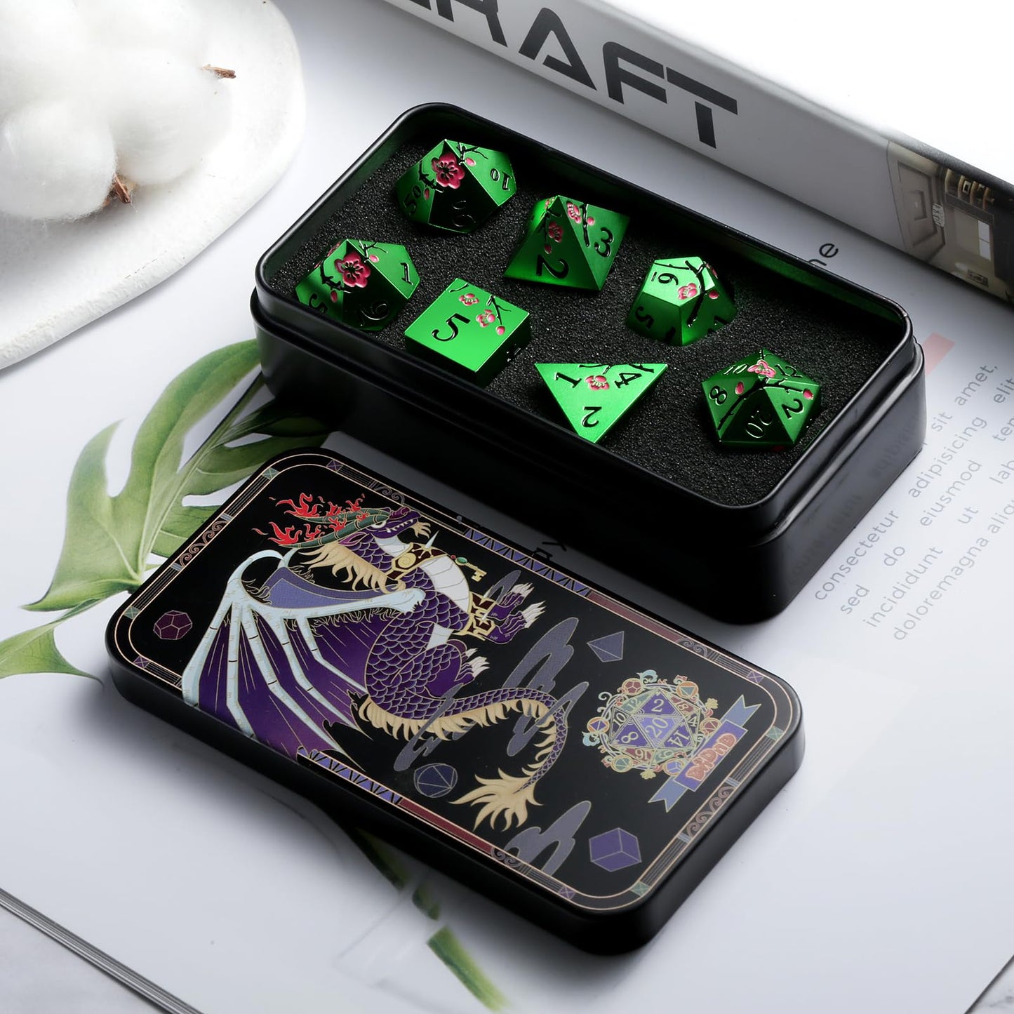 Matt Green Metal Dice Set, DNDND 7 PCS Heavy Metallic D&D Dice Set with Grogeous Gift Case for Dungeons and Dragon Tabletop Game