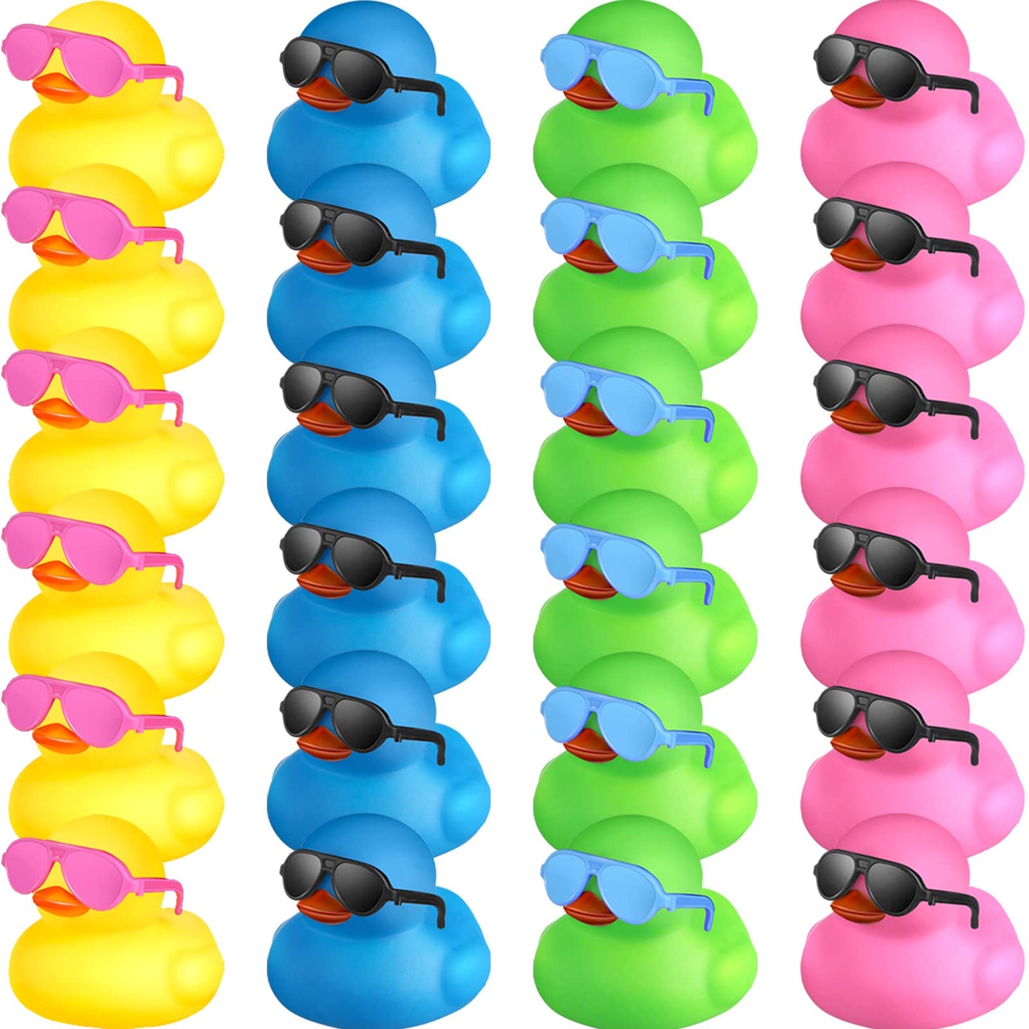 24 Pcs Mini Rubber Ducks With Sunglasses, Rubber Ducks In Bulk Valentine Duck Bathtub Toys For Cruise Valentines Kids Classroom Gift Exchange(Yellow, Blue, Pink, Black, Green, Eyeglasses)