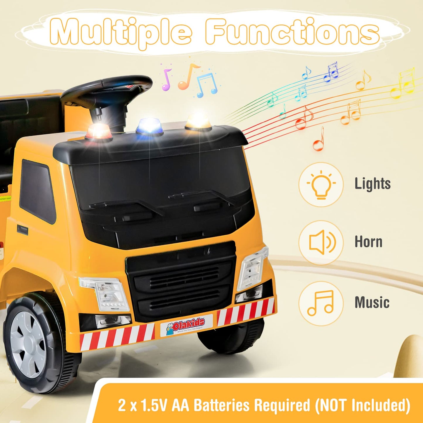 Olakids Ride On Car, 6V Recycling Garbage Truck Electric Vehicle With Music, Horn, Warning Lights, Recycling Accessories Included, Toddlers Battery Powered Trash Toy For Boys Girls (Yellow)
