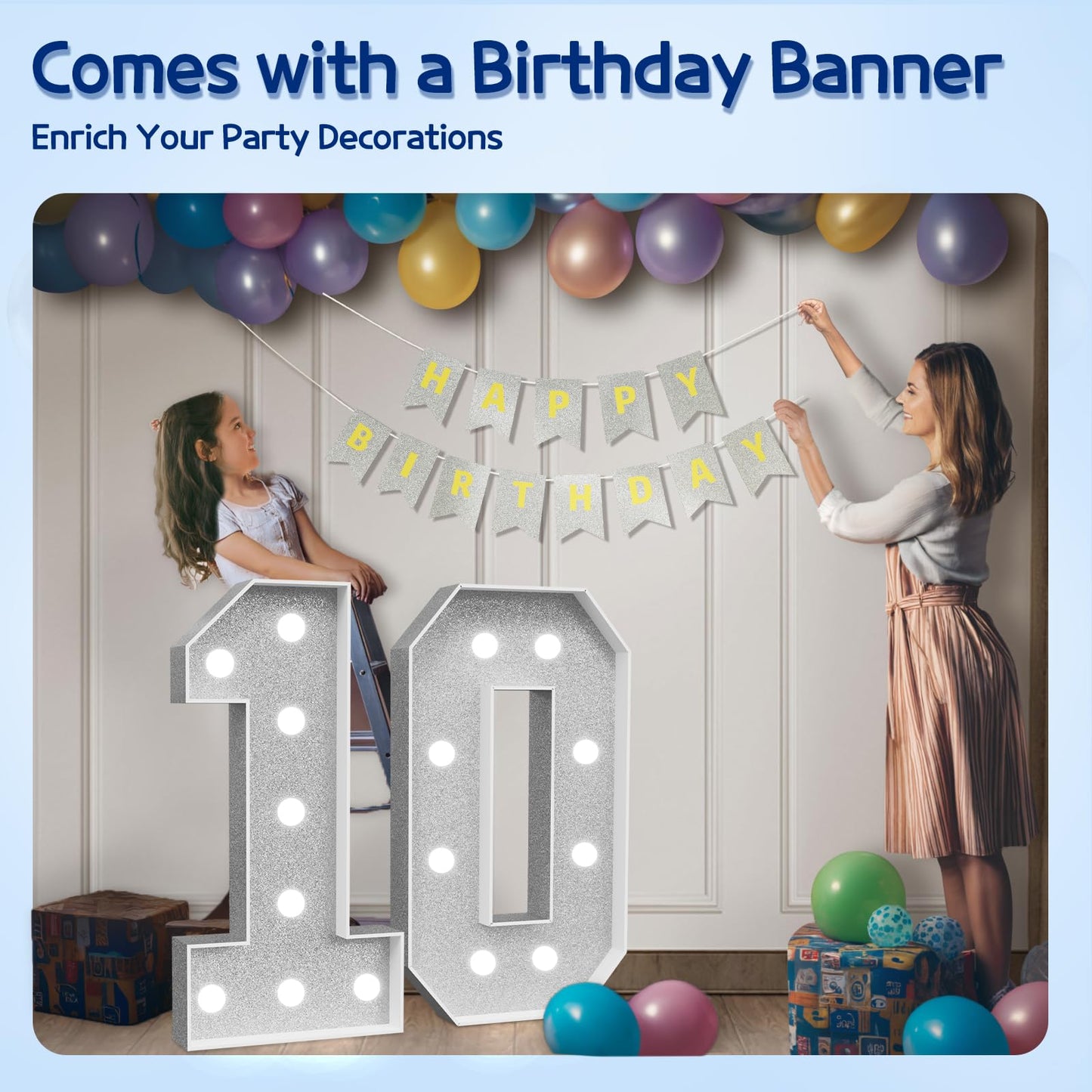 Marquee Numbers Silver 10Th-Birthday Decorations: Large 3Ft Light Up Number Grey 10 Birthday Decoration For Boy Girl Ten Year Ol