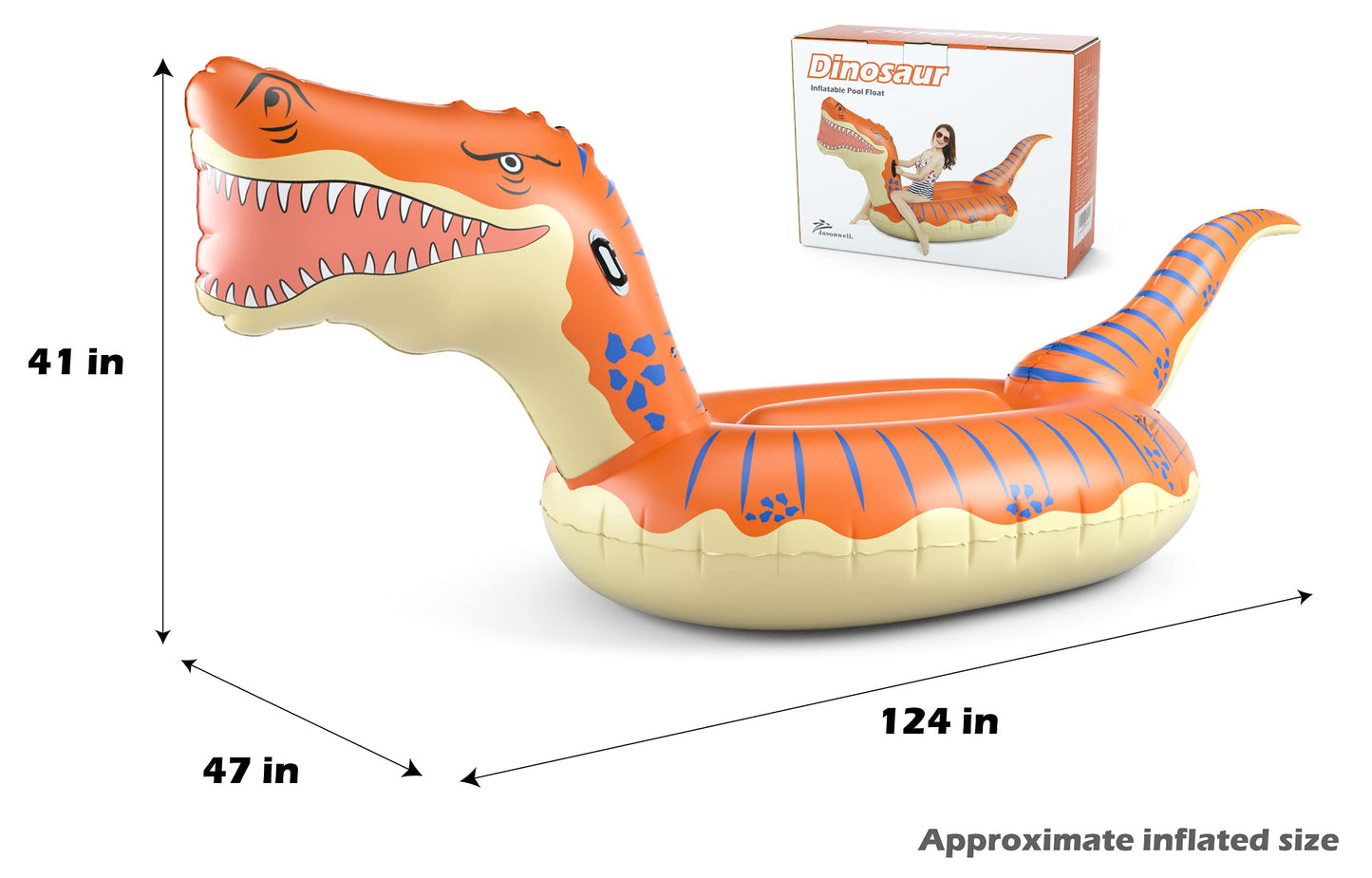 Jasonwell Inflatable Dinosaur Pool Float For Boys Girls Adults 124'' Giant T-Rex Floatie Summer Beach Swimming Pool Inflatables Ride On Party Pool Toys Raft Lounge Kids Tyrannosaurus Rex Toys