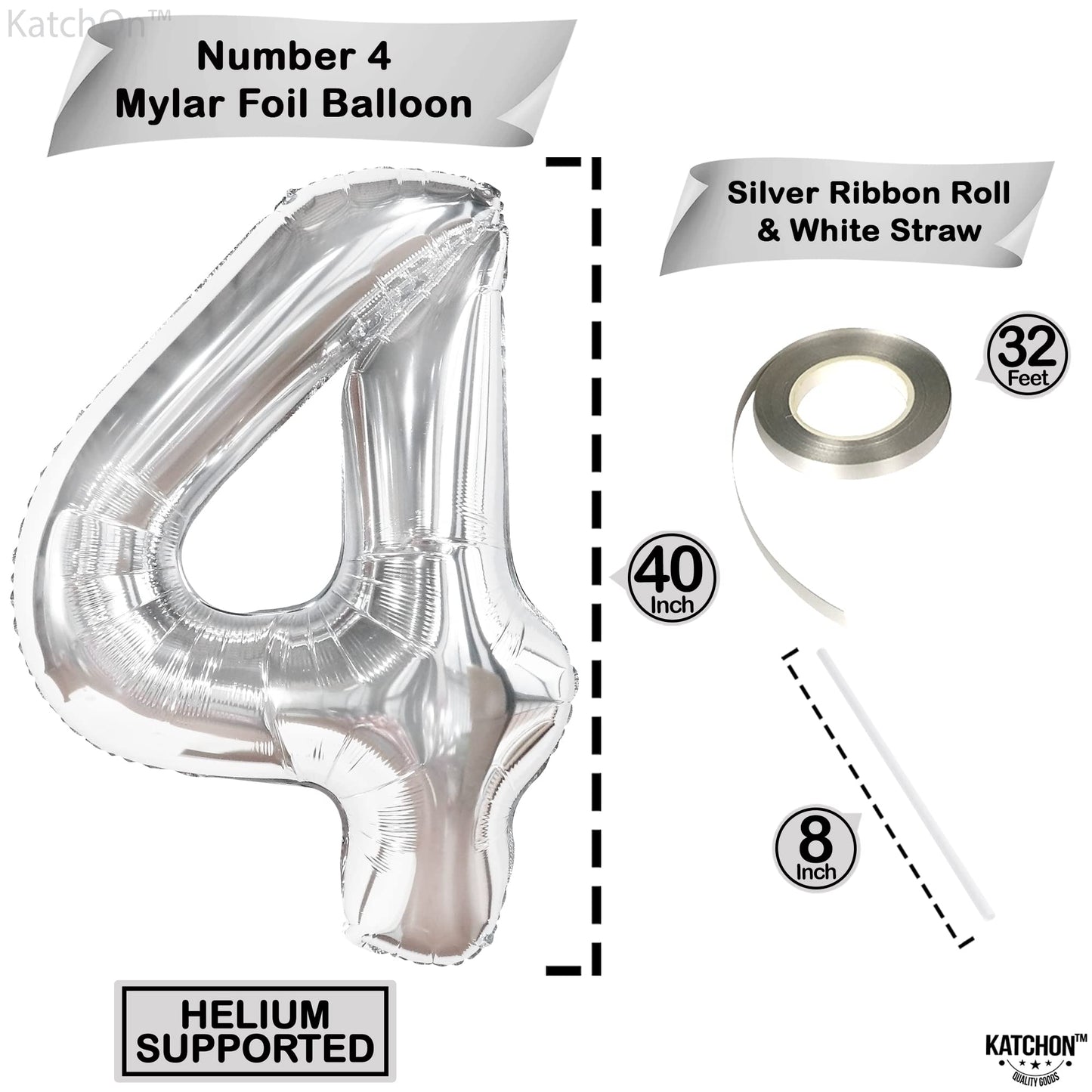 Katchon, Big Silver Number 4 Balloons - 40 Inch | Silver 4 Balloon Number, 4 Year Old Birthday Decorations | Silver Number Balloons, Silver Birthday Decorations | 4Th Birthday Decorations For Boys
