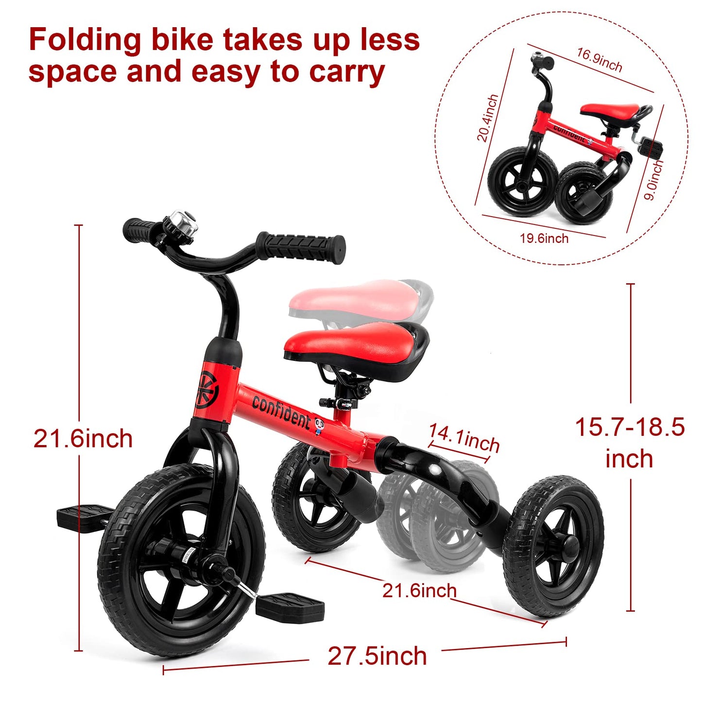 XPIY Tricycle for Toddlers Age 2-5 Years Old, 3 in 1 Folding Toddler Bike for Boys and Girls, Kids' Bike Trike with Detachable P