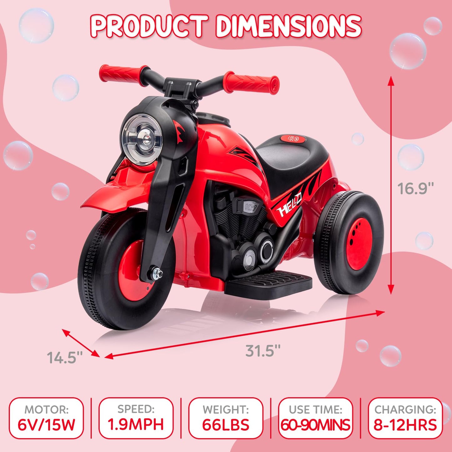 Kids Ride On Bubble Car, Hetoy 6V Battery Powered Electric Motorcycle 1.9 Mph Speed W/Led Headlights, Music, Pedal, Forward/Reserve, 3 Wheels Motorbike Toys Gift For Toddler 3 And Up Boys Girls, Red