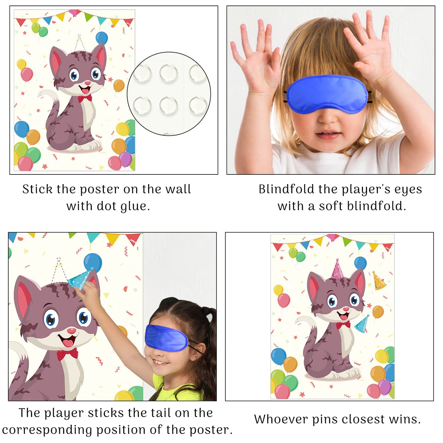 Morcheiong Pin The Tail On The Cat Birthday Party Game With 48 Hats, Cat Themed Birthday Party Favors Supplies Decorations For Kids