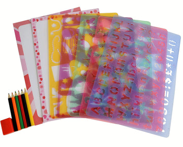 Buddy & Barney Big Box of Fashion, Fairies, & Flowers Stencils (Large 32-Piece Stencils Kit), 150+ Shapes, 6 Coloring Pencils, 5