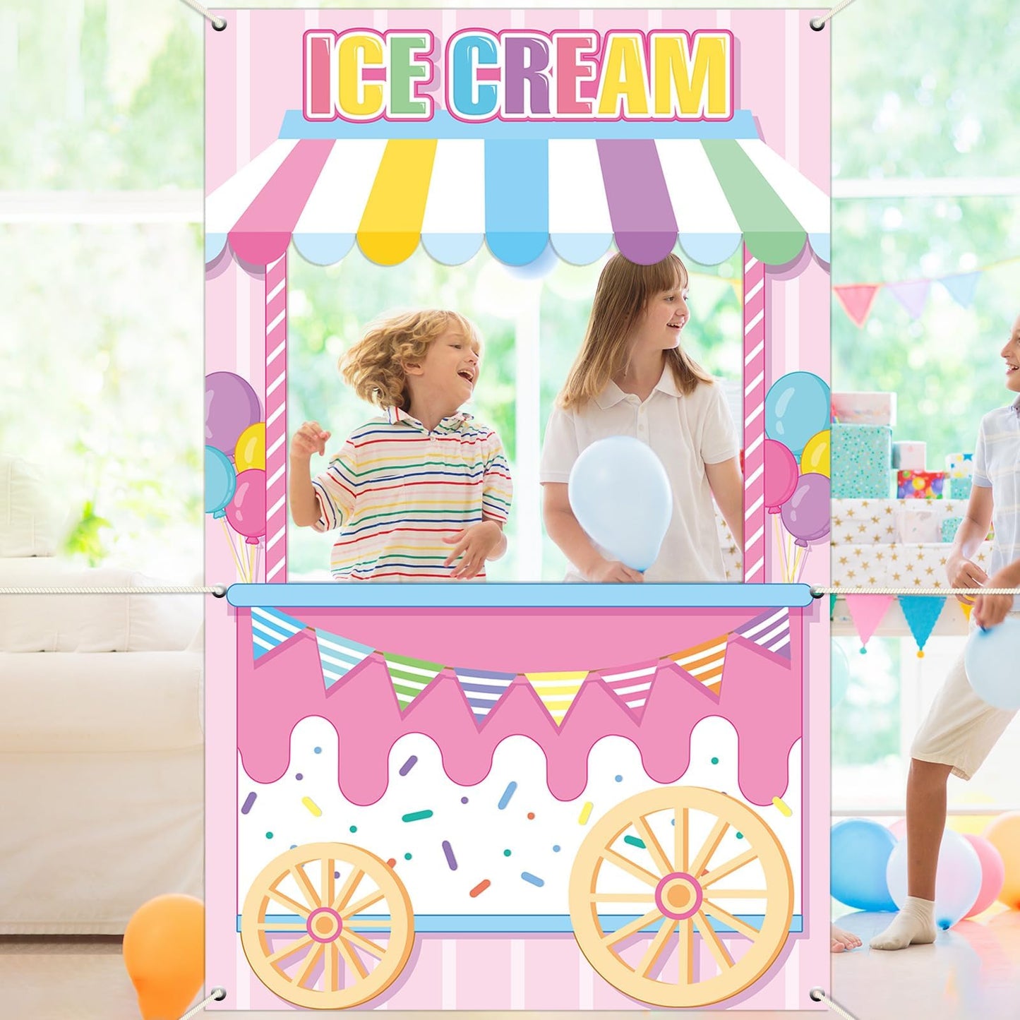 Ice Cream Shoppe Photo Prop Backdrop For Girl'S Ice Cream Birthday Party Decorations Fabric Sweet Ice Cream Backdrop Background Banner Birthday Party Supplies Ice Cream Party Favors 62.9 X 39.3 Inch