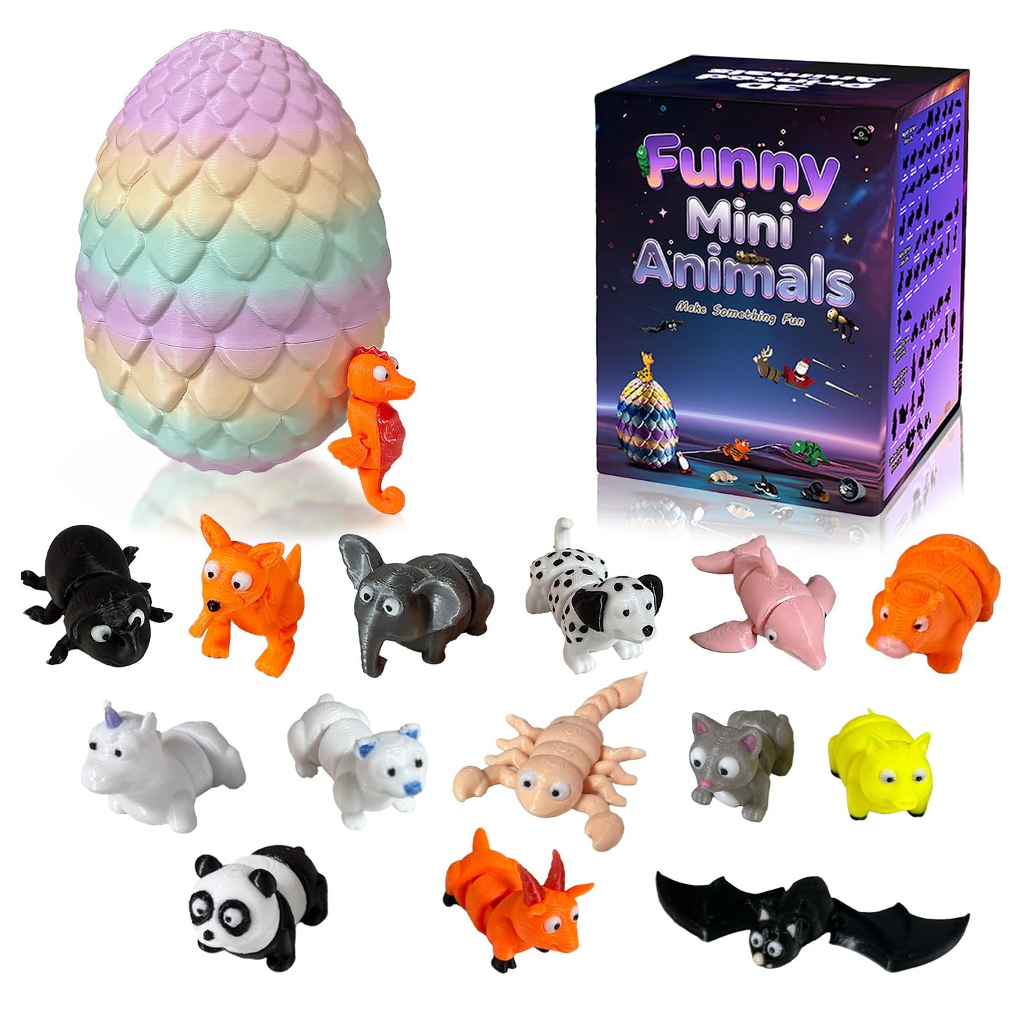 15 Pcs 3D Printed Mini Animals - Mystery Pack Articulated Figurines Fidget Toy with Funny Eyes, Over 400 Random Design 3D Printe