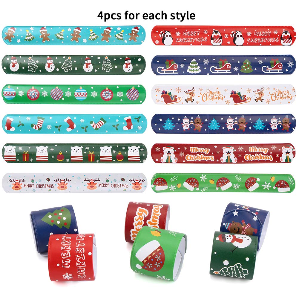CCINEE Christmas Slap Bracelets,Xmas Slap Wristbands Snata Claus Reindeer for Christmas Party Gift Bag Filler Giveaways,48PCS