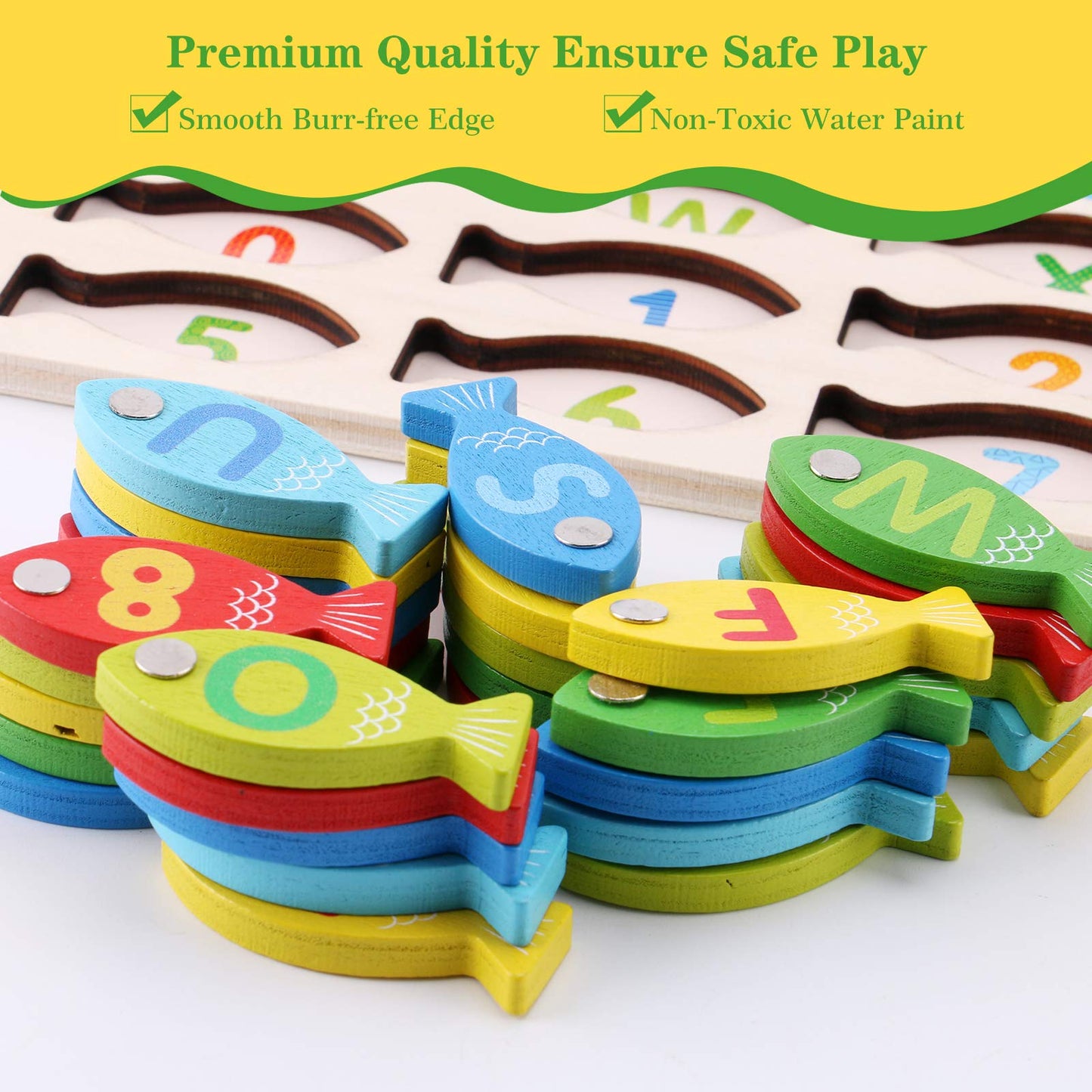 Slotic Magnetic Wooden Fishing Game Toy - ABC Learning Math for Toddlers, Multicolor, Model SH1-T002A1, Gift for Kids 3-5 Years Old