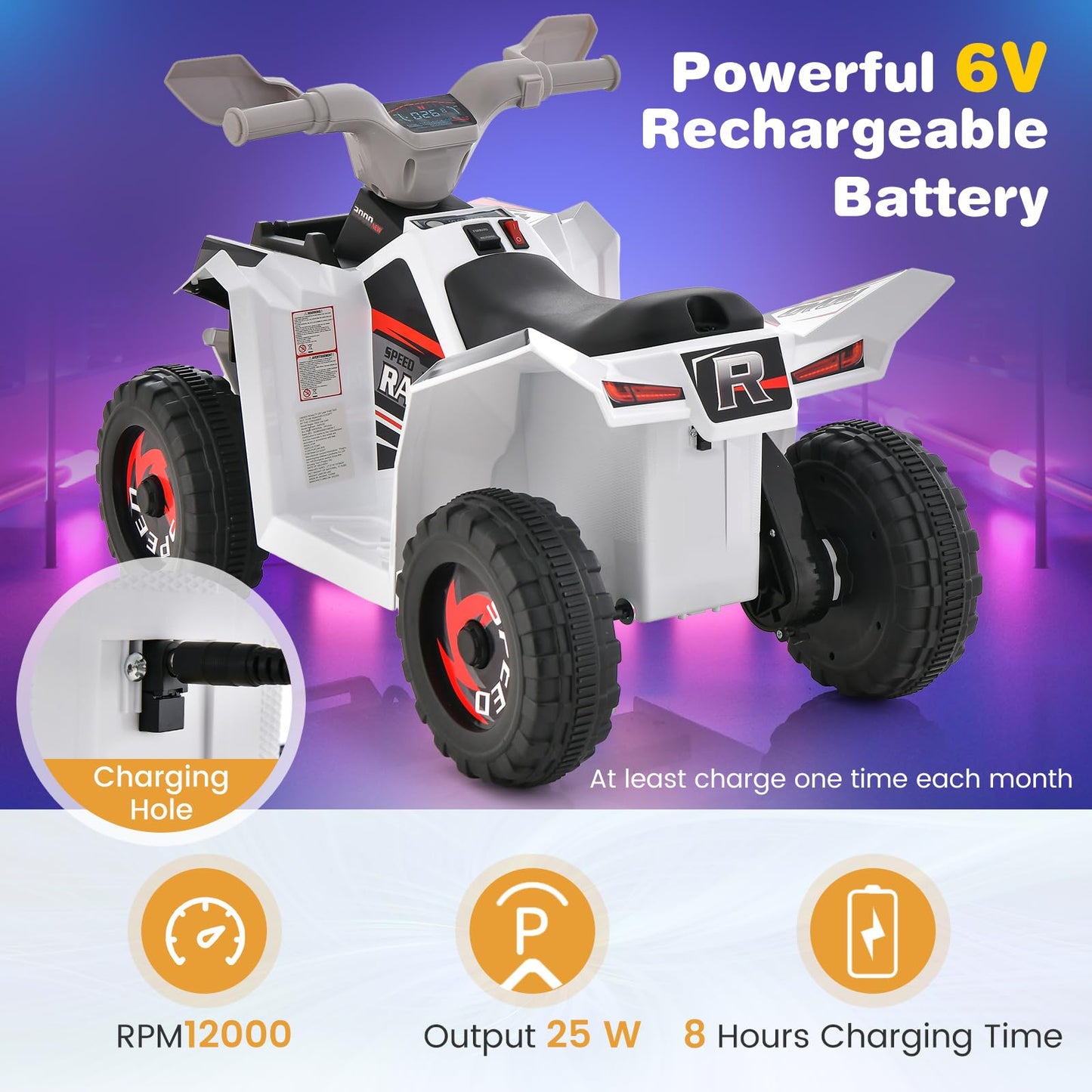 Honey Joy Ride On Atv, 6V Battery Powered Toddler Ride On Toy, Electric Vehicle For Kids, Forward/Backward, Foot Pedal, 4 Wheeler Quad Car, Gift For Boys And Girls (White)