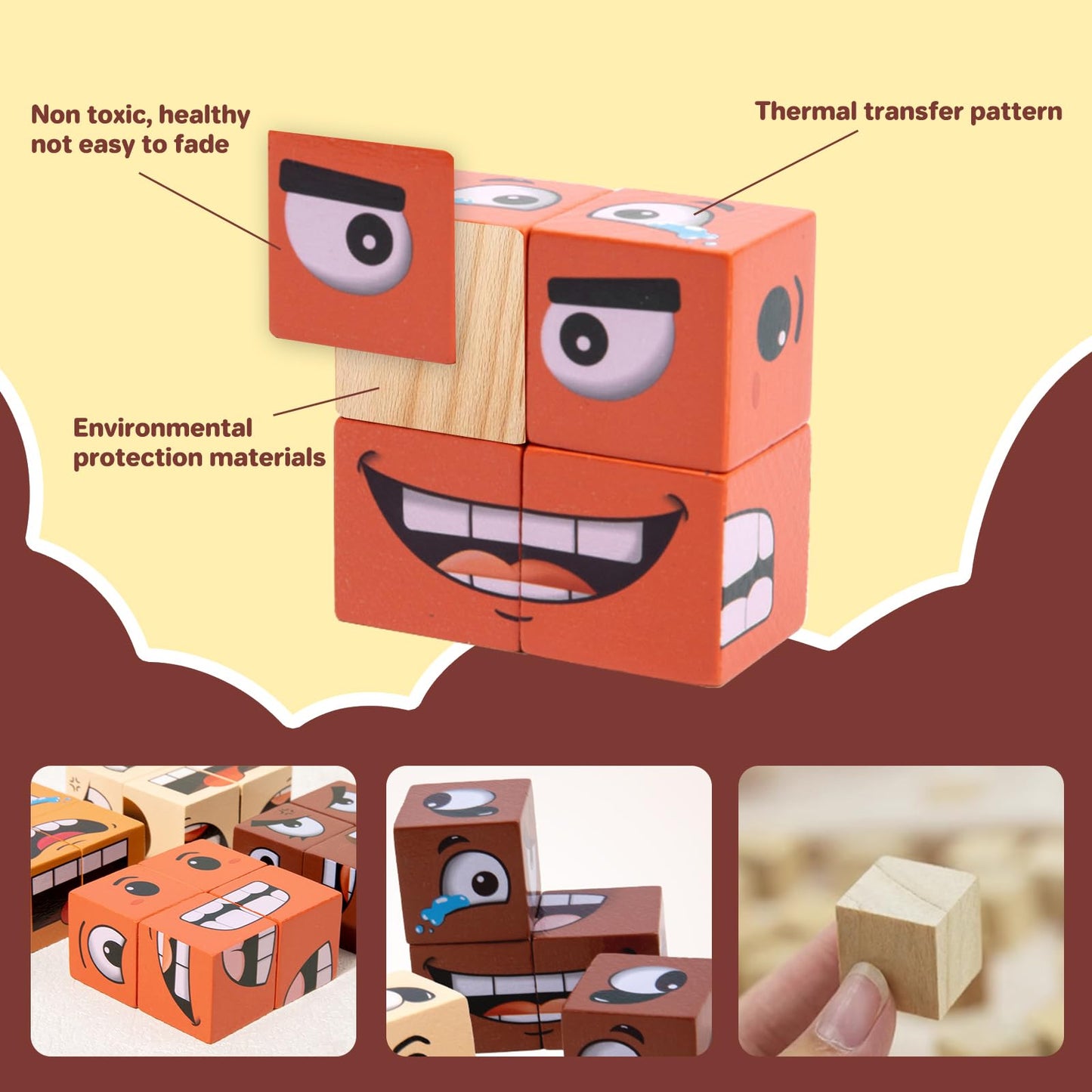 Face Change Cube Game, Wooden Face Changing Magic Cube Game With Bell Wood Blocks Stacking Toys Montessori Toys For 3+ Year Old Toddler Card Matching Games Mini Building Blocks (C)
