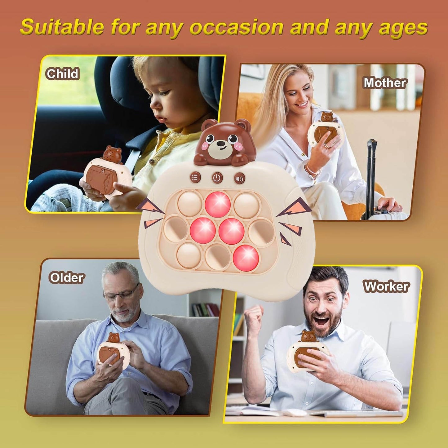 Fast Push Game Fidget Toys Handheld Game Console Bubble Game Console Puzzle Game Light up Push Game Kids Toys for Ages 3-12 Birthday for Boys Girls mature-themed (Brown Bear)