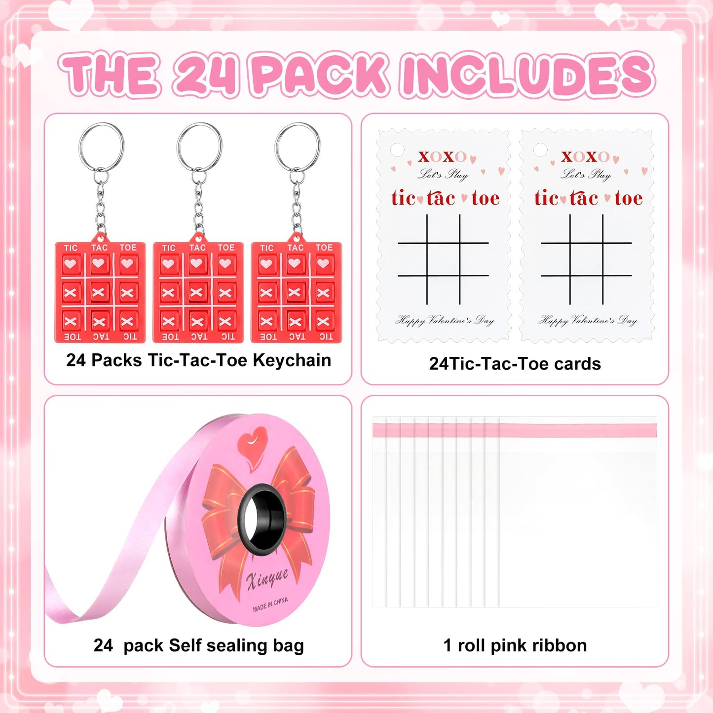 JellyArch 24 Set Tic Tac Toe Keychain Valentines Day Cards Class Valentines Day Gifts for Kids School Valentines Day Goodies Gi
