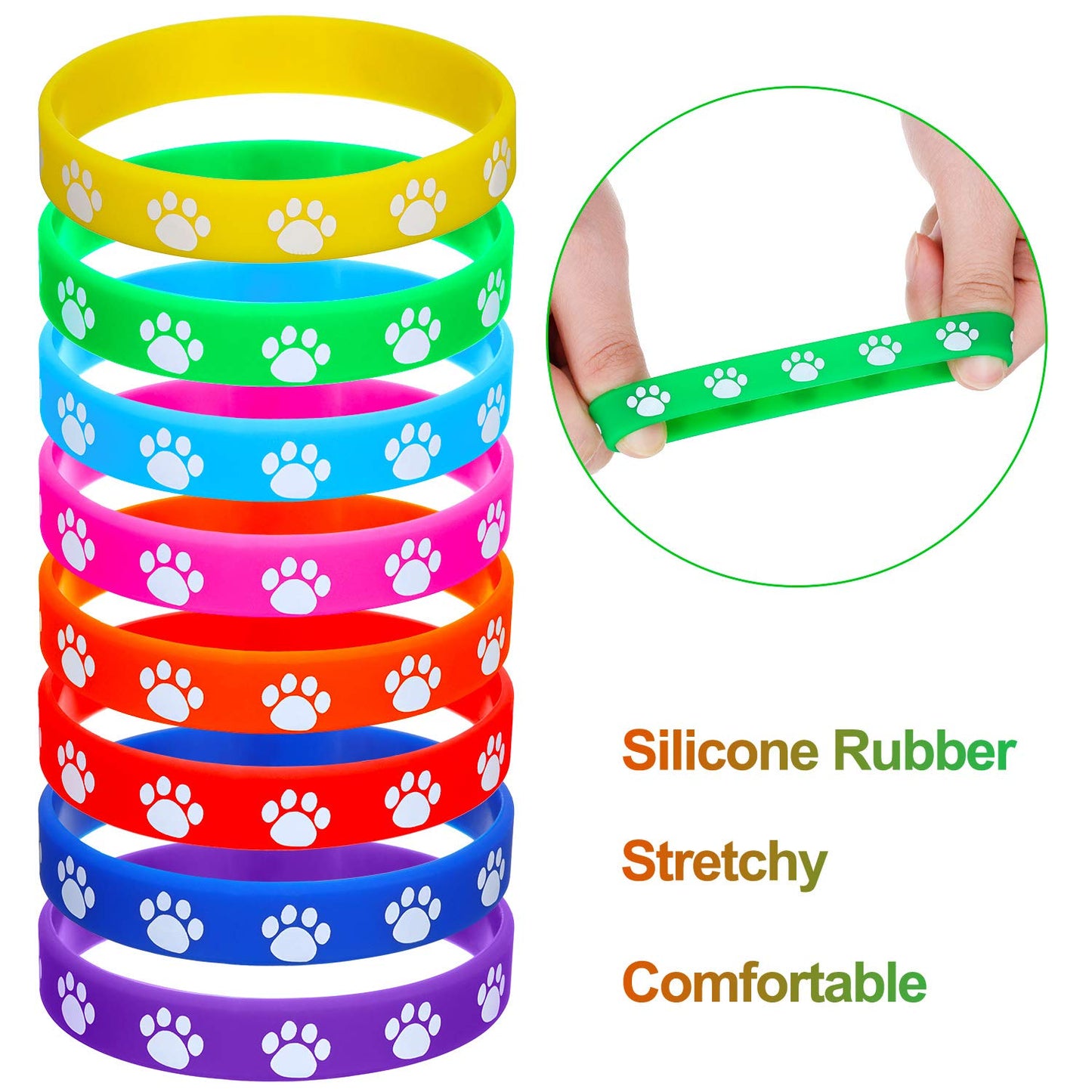 Gejoy 48 Pcs Paw Print Rubber Bracelets Multicolor Paw Print Silicone Wristband Dog Paw Stretch Bracelets for Birthday Party Sup