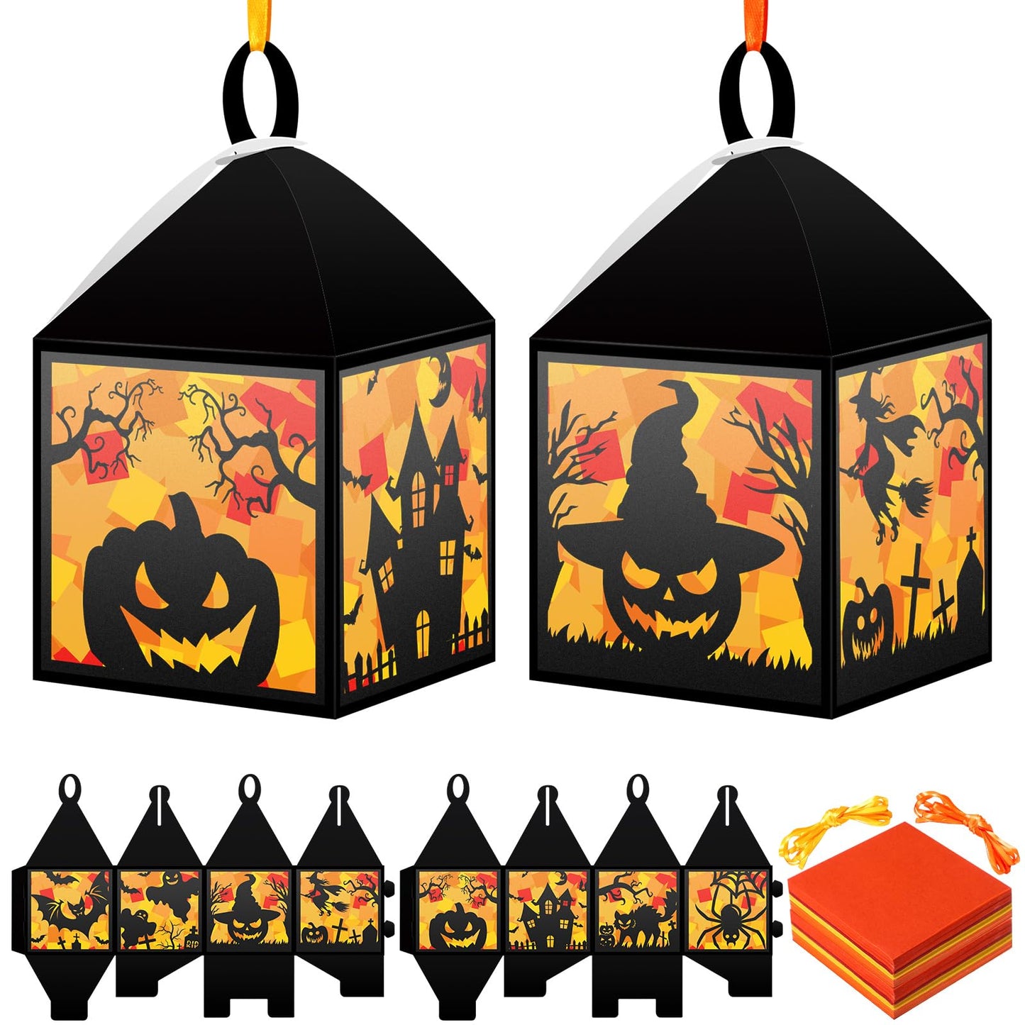 Pajean 16 Sets Halloween Lantern Crafts Set Halloween Suncatchers Tissue Paper Set DIY Pumpkin Cat Spider Castle Glass Make Your
