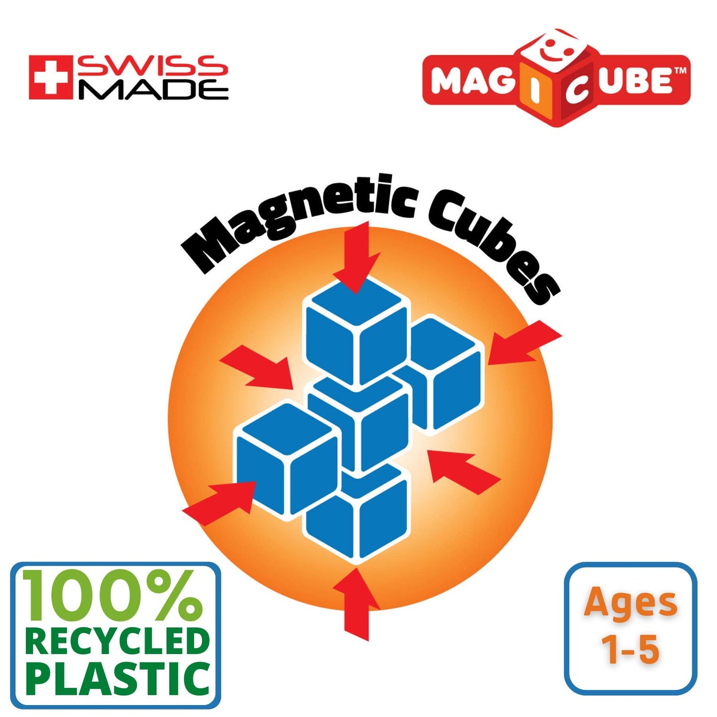 Geomag Premium Swiss-Made Magicube 64-Piece Magnetic Stacking Cubes Building Set, Toddlers & Kids Ages 1-5, Stem Educational Toy, Creativity, Imagination, Early Learning Fun, Crystal Packaging