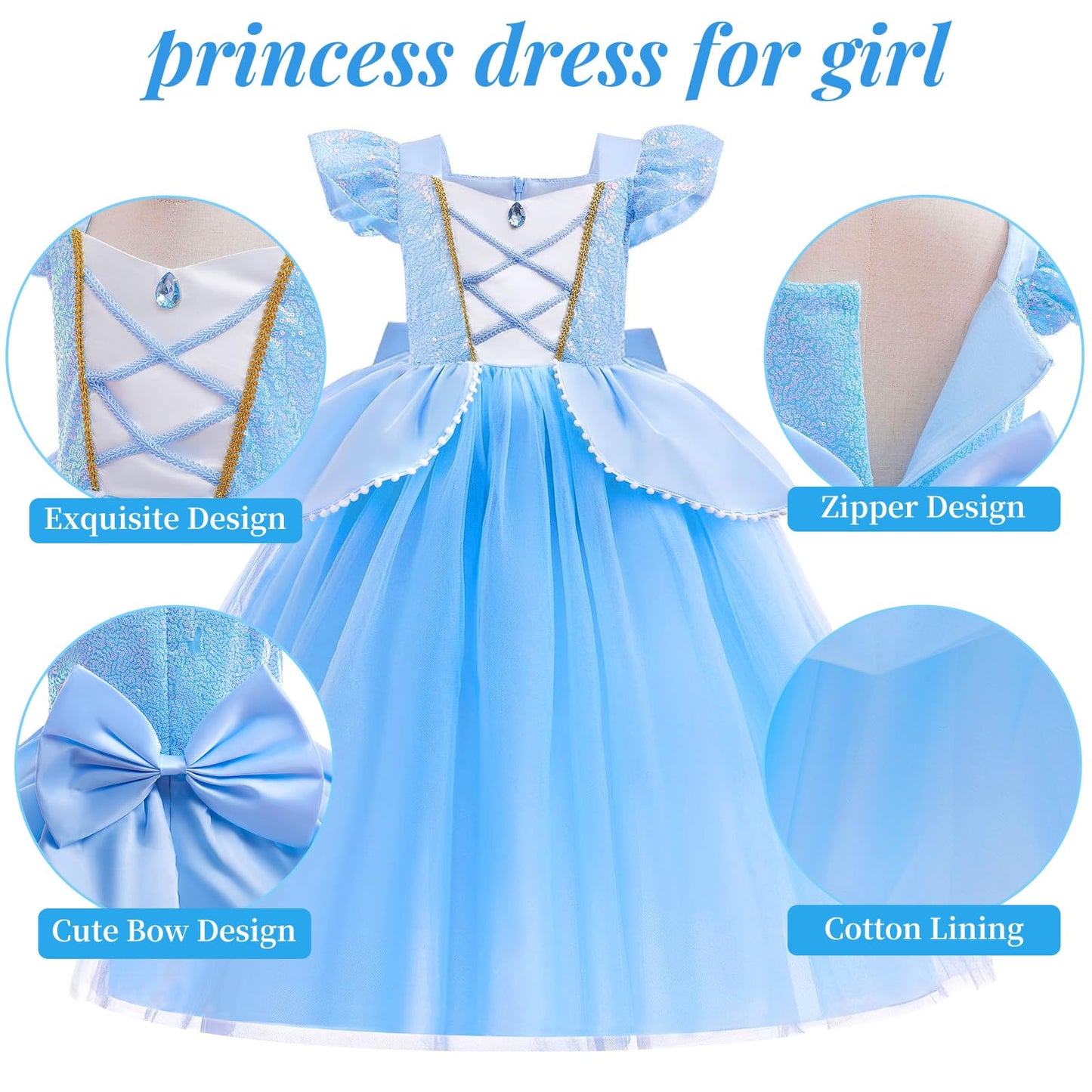 G.C Cinderella Costume For Girls Kids Light Up Dress Up Clothes With Toys Accessories Crown Wand Earrings Necklace Gloves Hallow