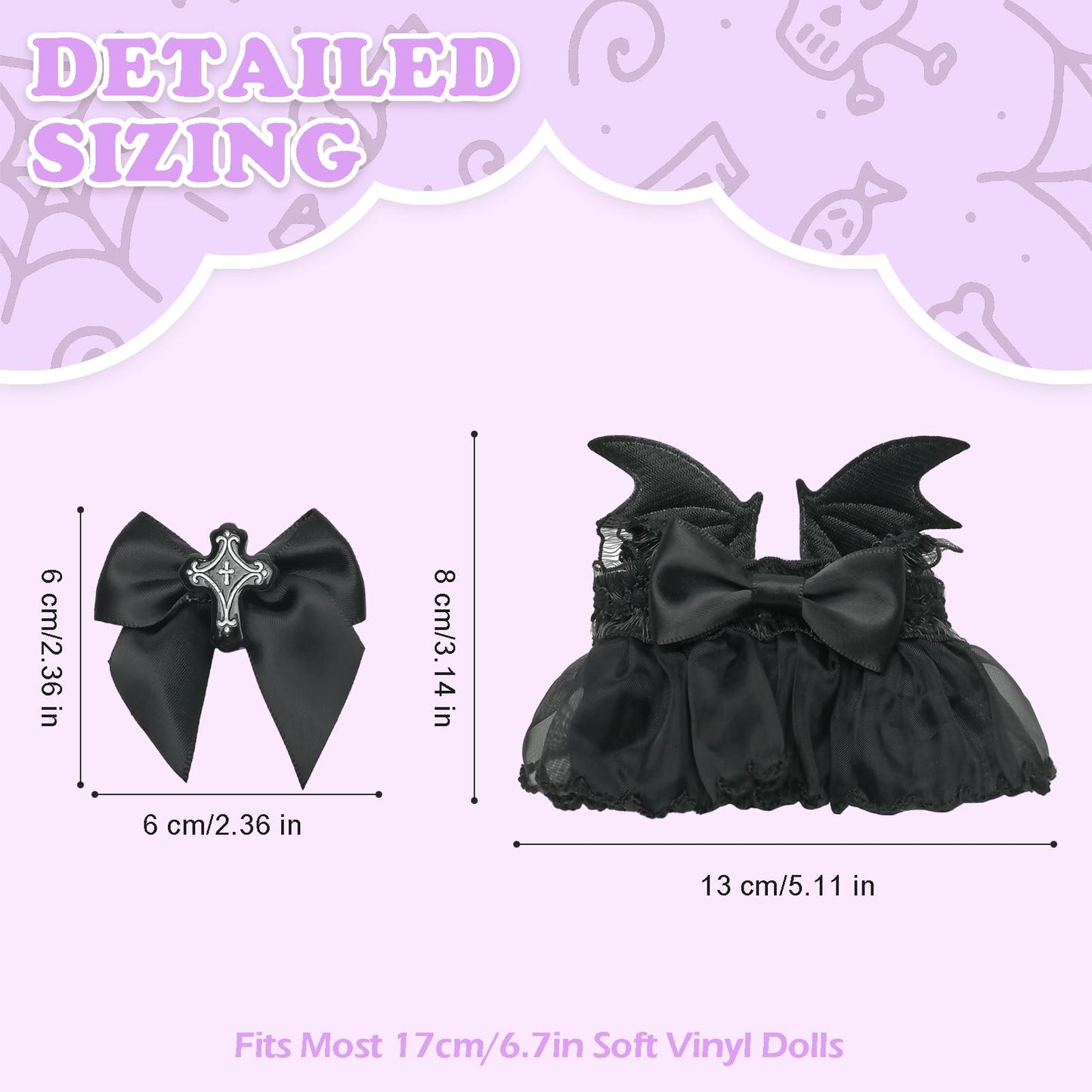 Clothes Compatible with Labubu Doll Labubu Outfit Set - Black Lace Dress with Devil Wings+Cross Bow for Labubu Dolls Stylish Accessories Set for 17cm Labubu Doll No Doll(Dark Cross Enchantress)